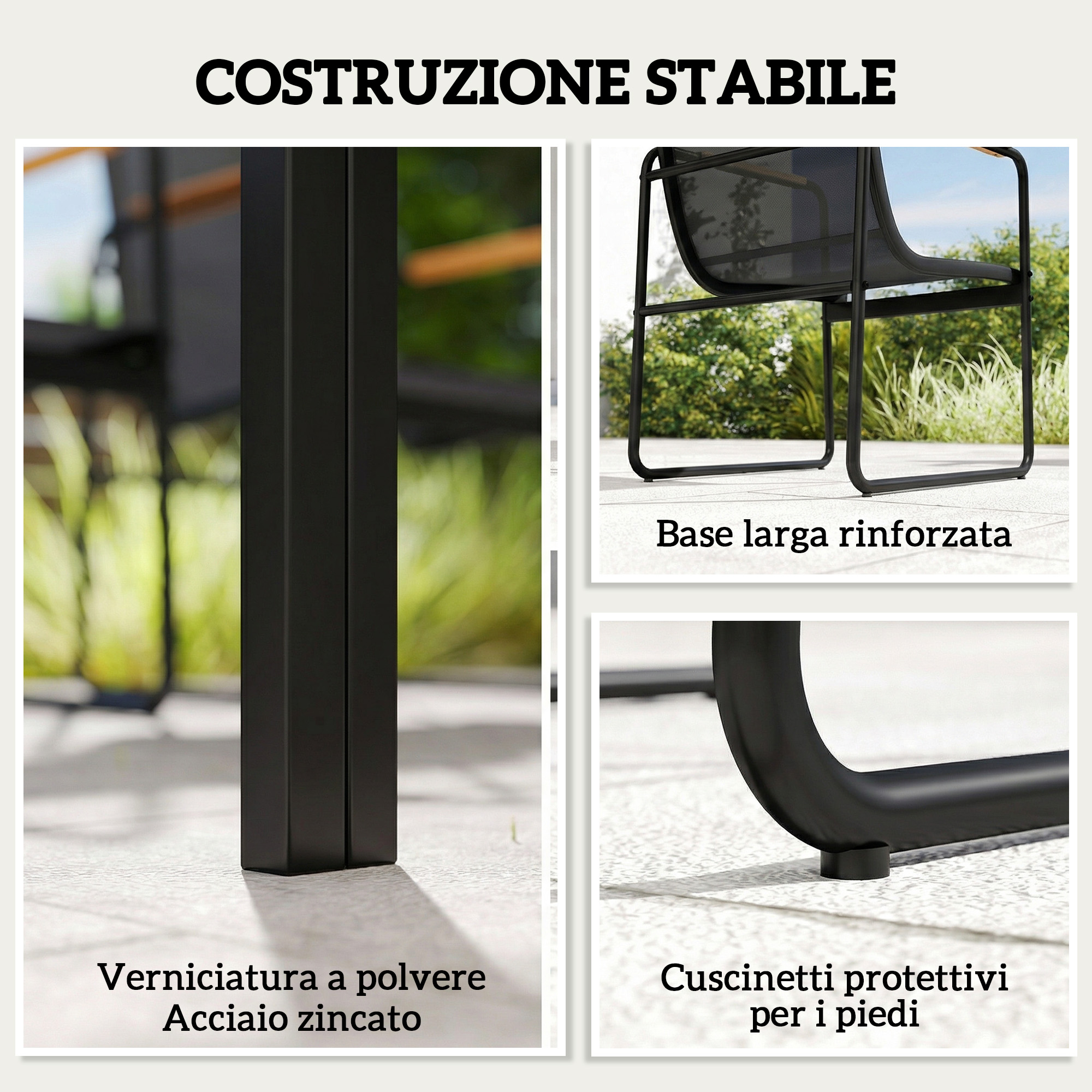 Costruzione stabile con acciaio verniciato a polvere e protezioni.