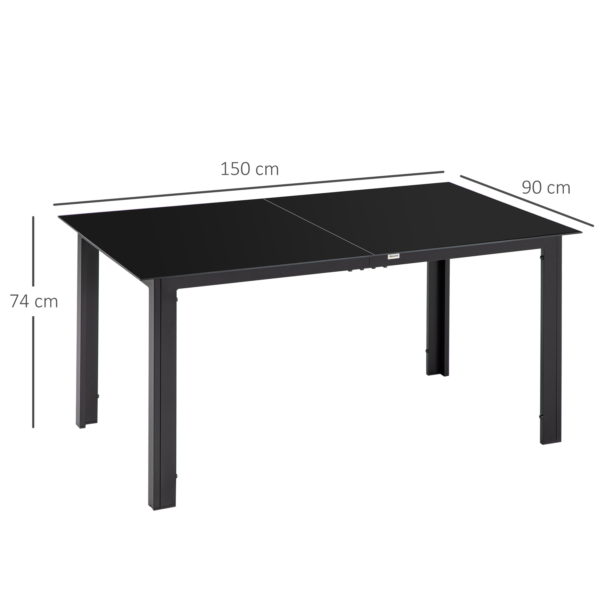 Tavolo da pranzo nero con piano in vetro, 150x90x74 cm.
