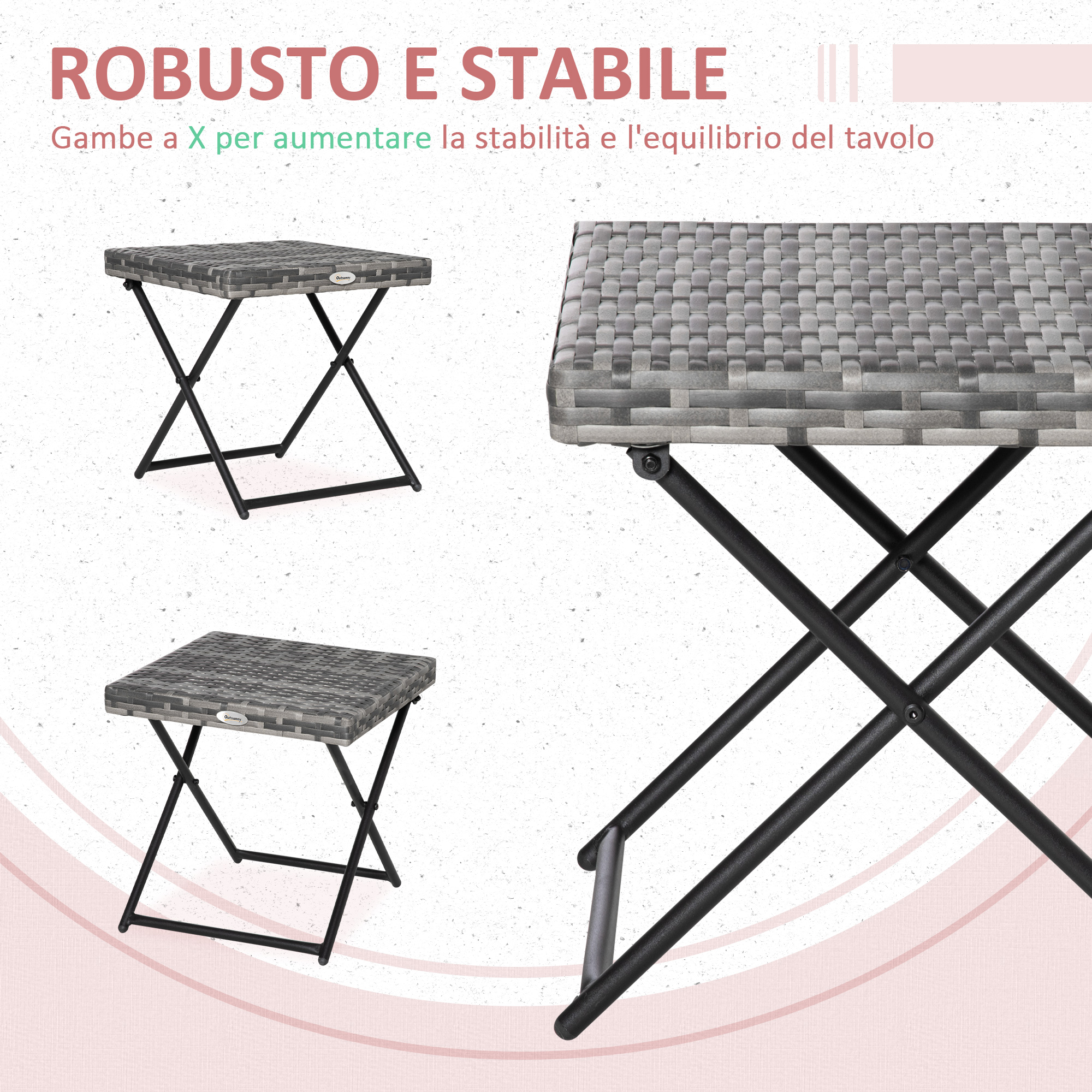 Tavolo pieghevole grigio con gambe a X, primo piano piano e telaio.