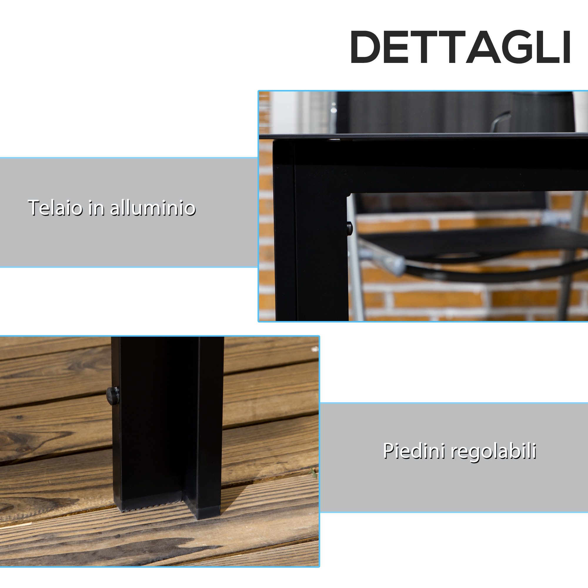 Particolare di telaio nero con piano in vetro e piedini regolabili.