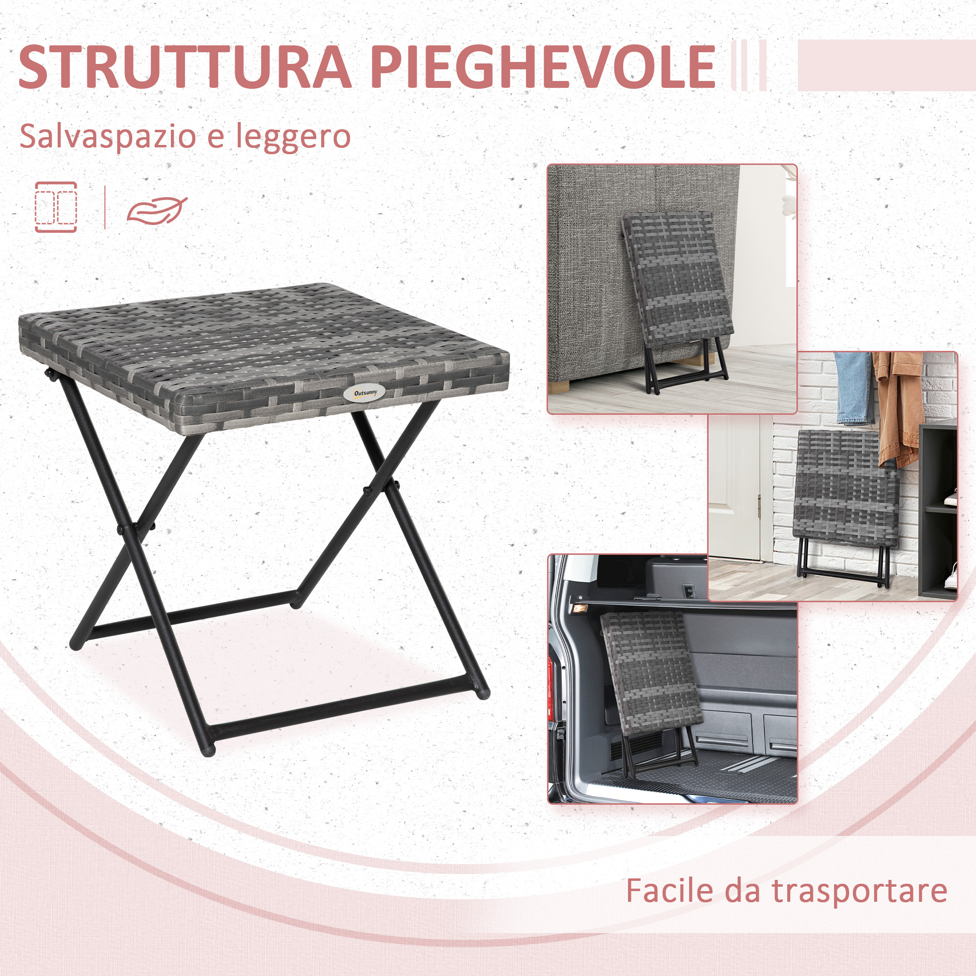 Tavolo pieghevole grigio con gambe incrociate nere, mostrato piegato in varie scene.