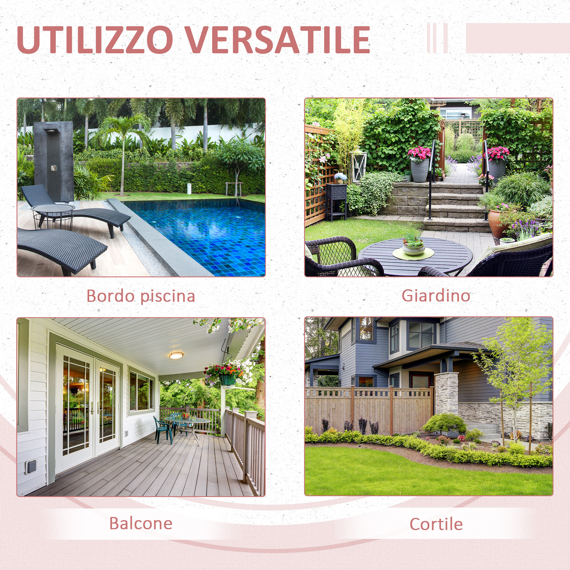 Quattro immagini mostrano spazi esterni: area piscina, sentiero giardino, terrazzo, esterno casa.