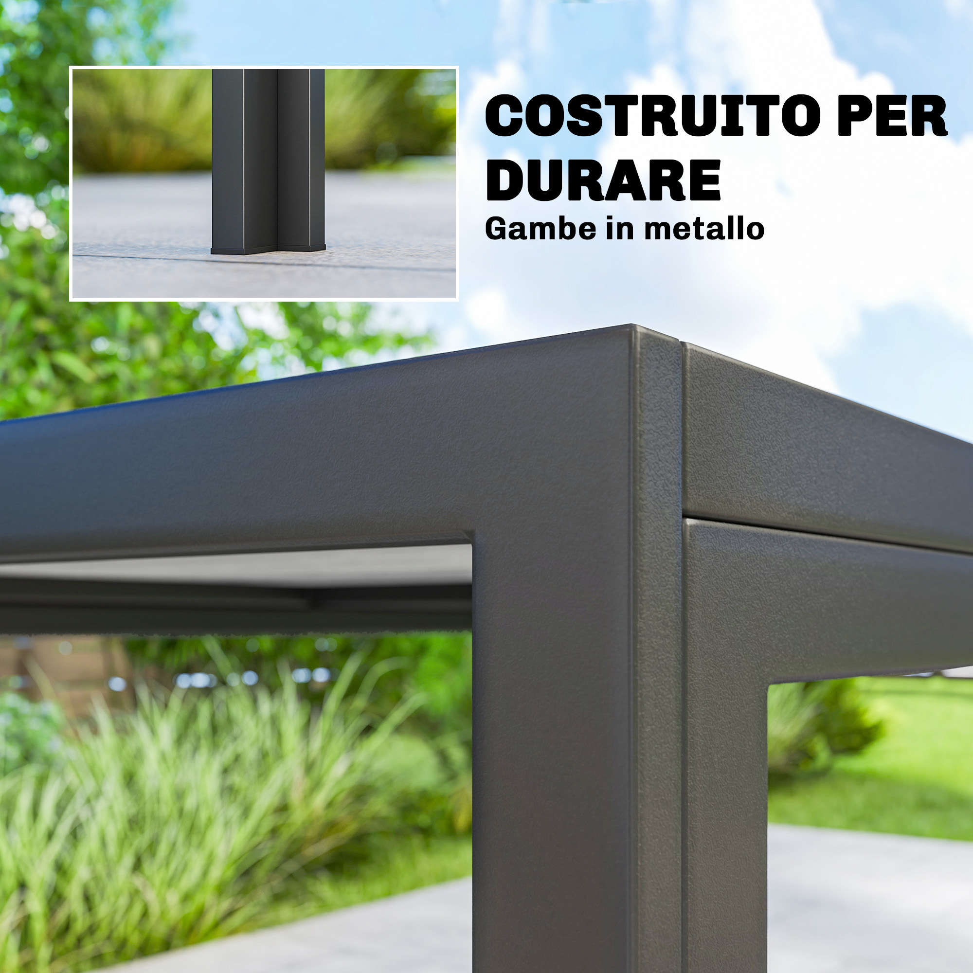 Struttura in metallo grigio di un tavolo o pergola con giardino sullo sfondo.