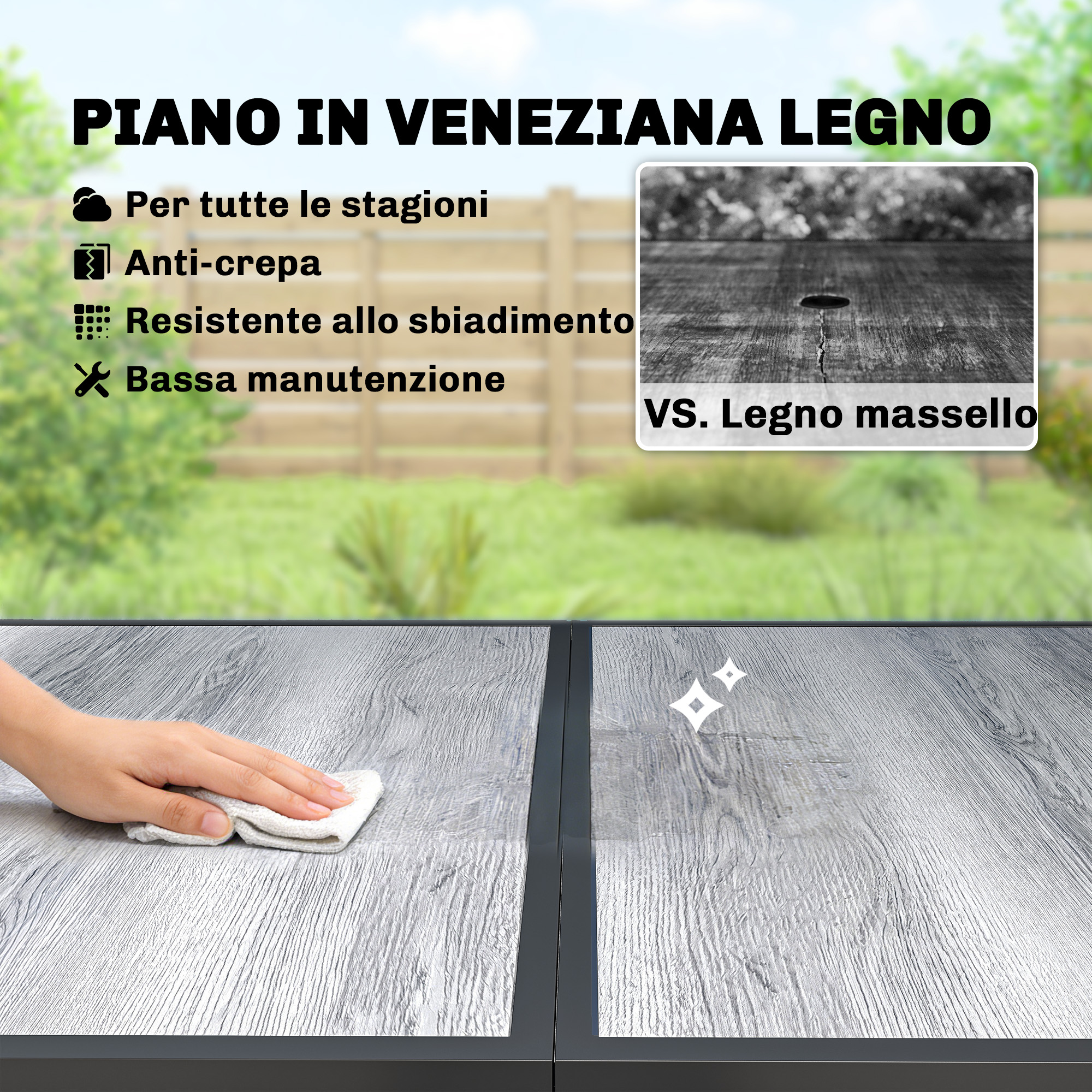 Piano tavolo in Veneziana legno, mano pulisce. A destra brilla, mostrando resistenza.
