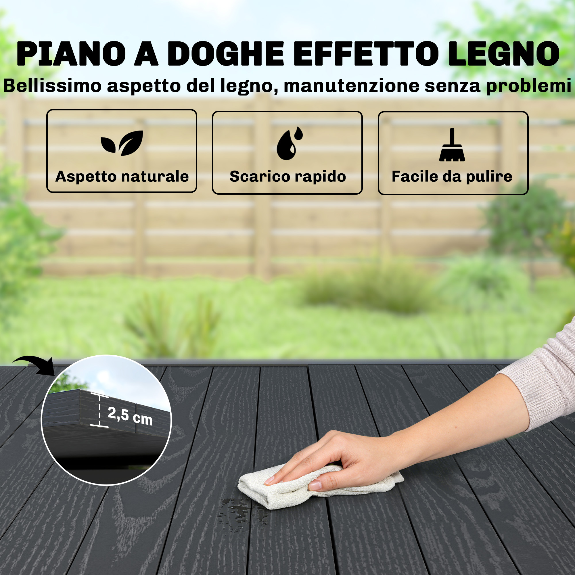 Decking effetto legno scuro, pulizia con panno, spessore 2,5 cm.
