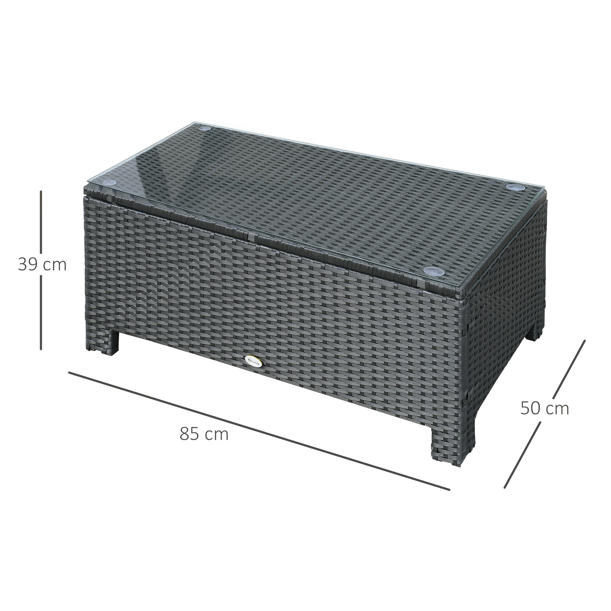 Tavolino da caffè in rattan grigio con piano in vetro, 85x50x39 cm.