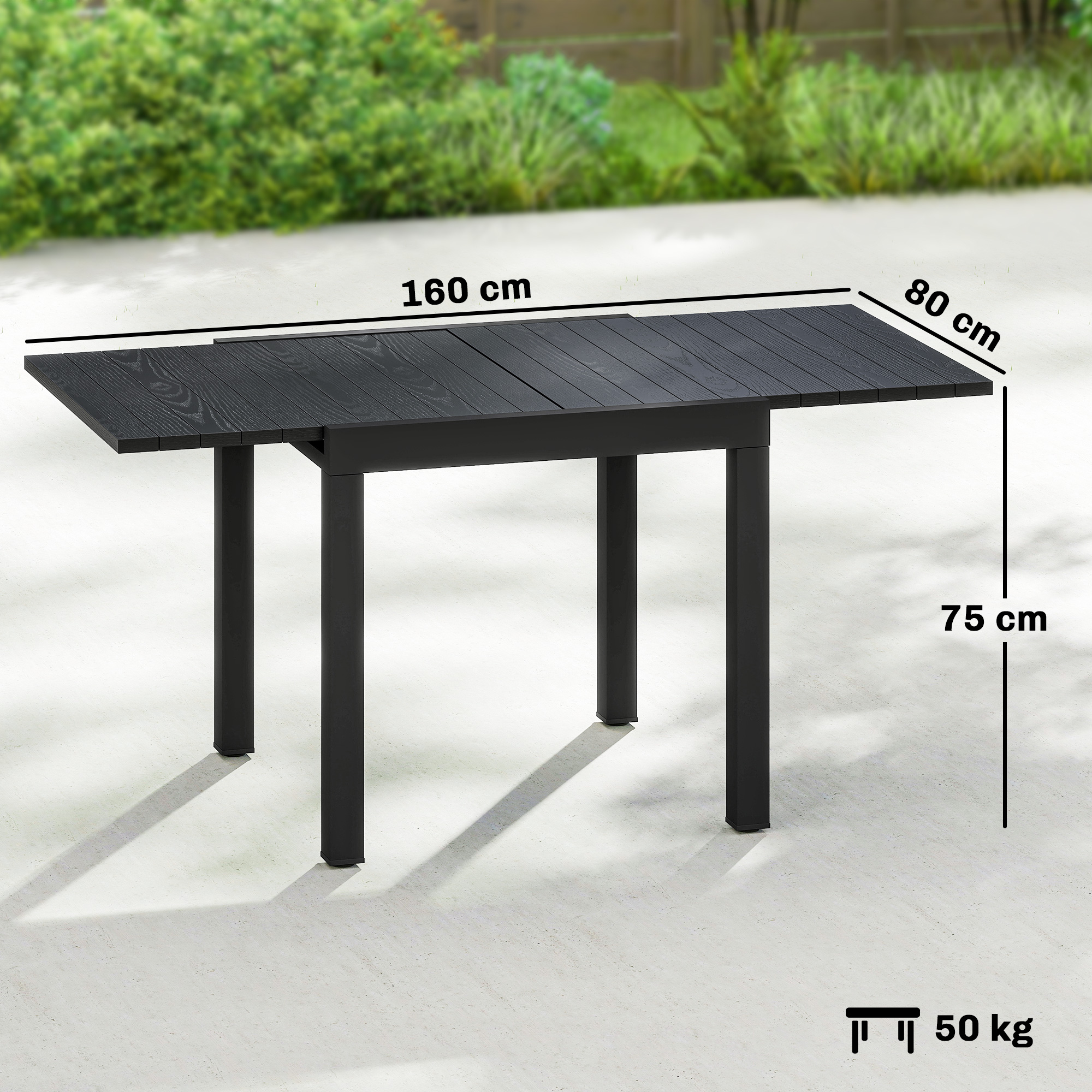 Tavolo da giardino nero, 160x80x75 cm, peso 50 kg.