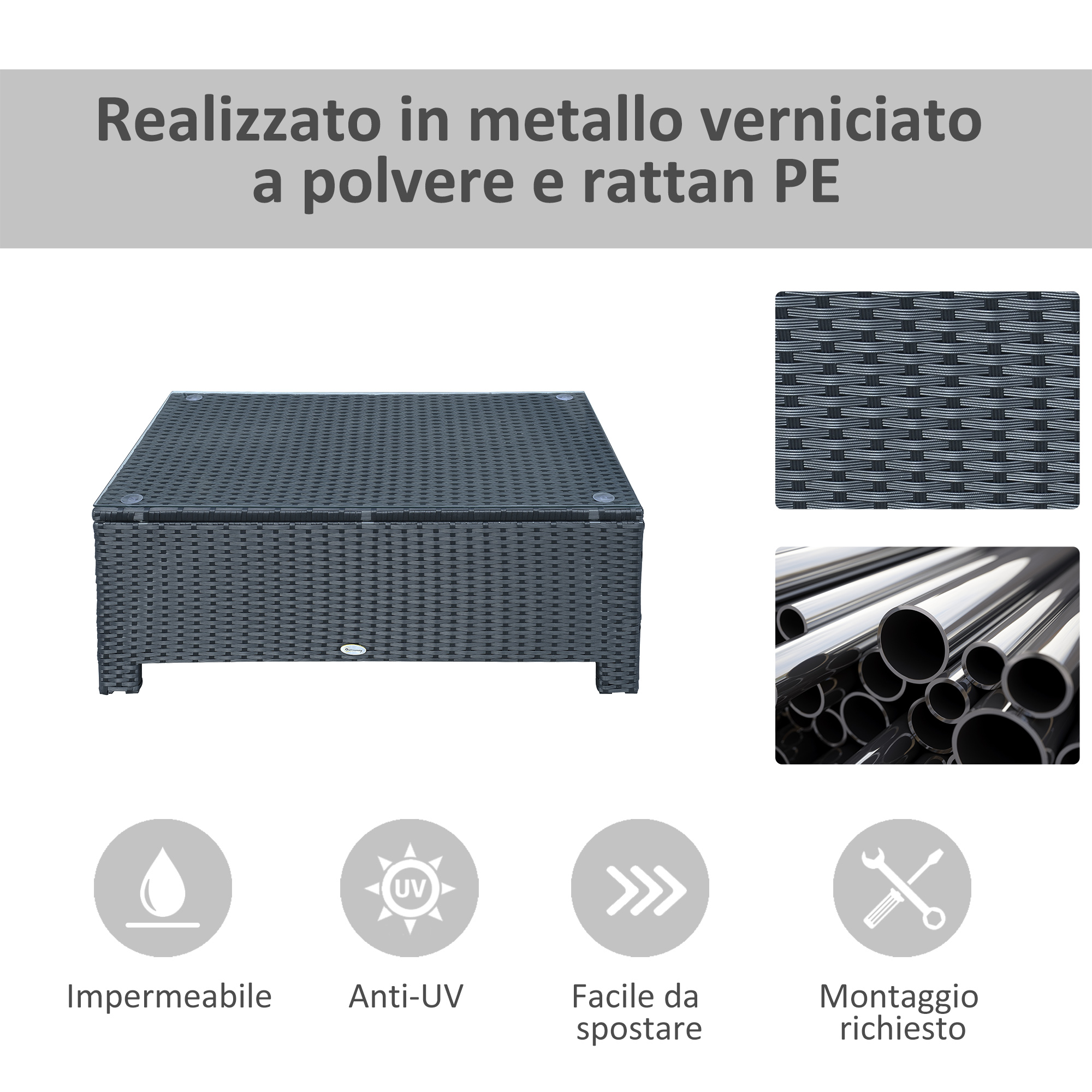 Un tavolo rettangolare scuro in rattan PE con piano in vetro.