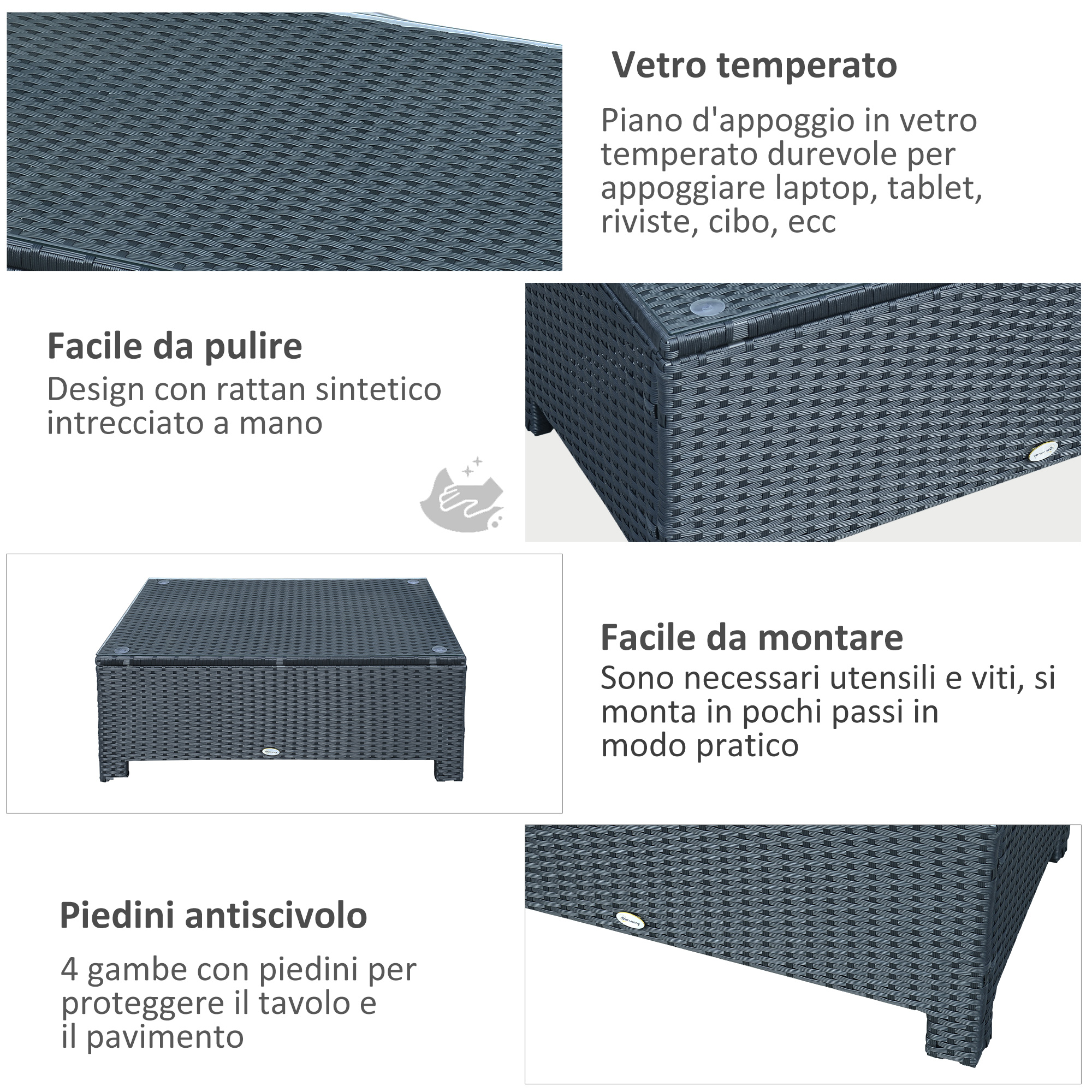 Tavolo in rattan grigio scuro con piano in vetro, facile da pulire e montare.