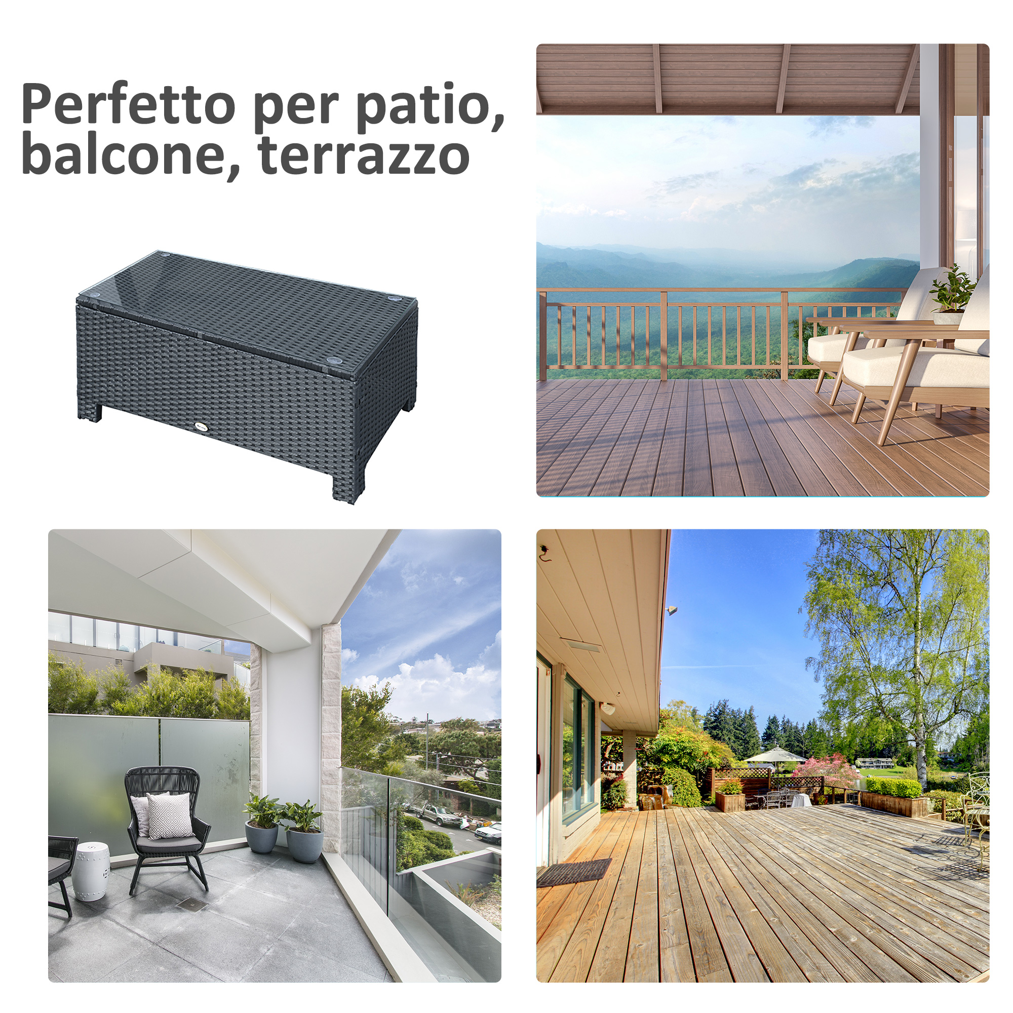 Tavolo in vimini, terrazza in legno con sedie e vista montagne, balcone con sedia e giardino con terrazza.