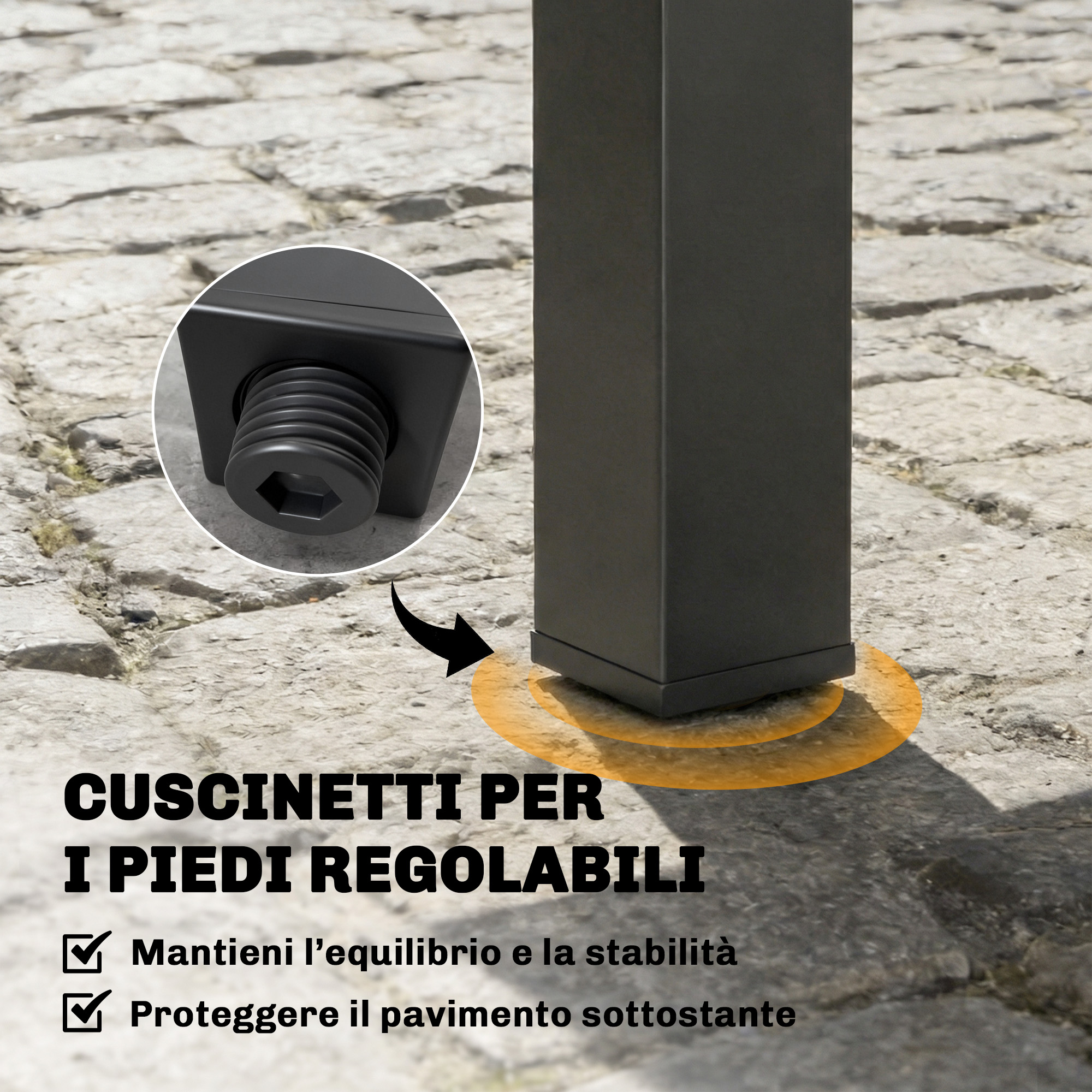 Gamba di tavolo nera con piede filettato regolabile su fondo in pietra.