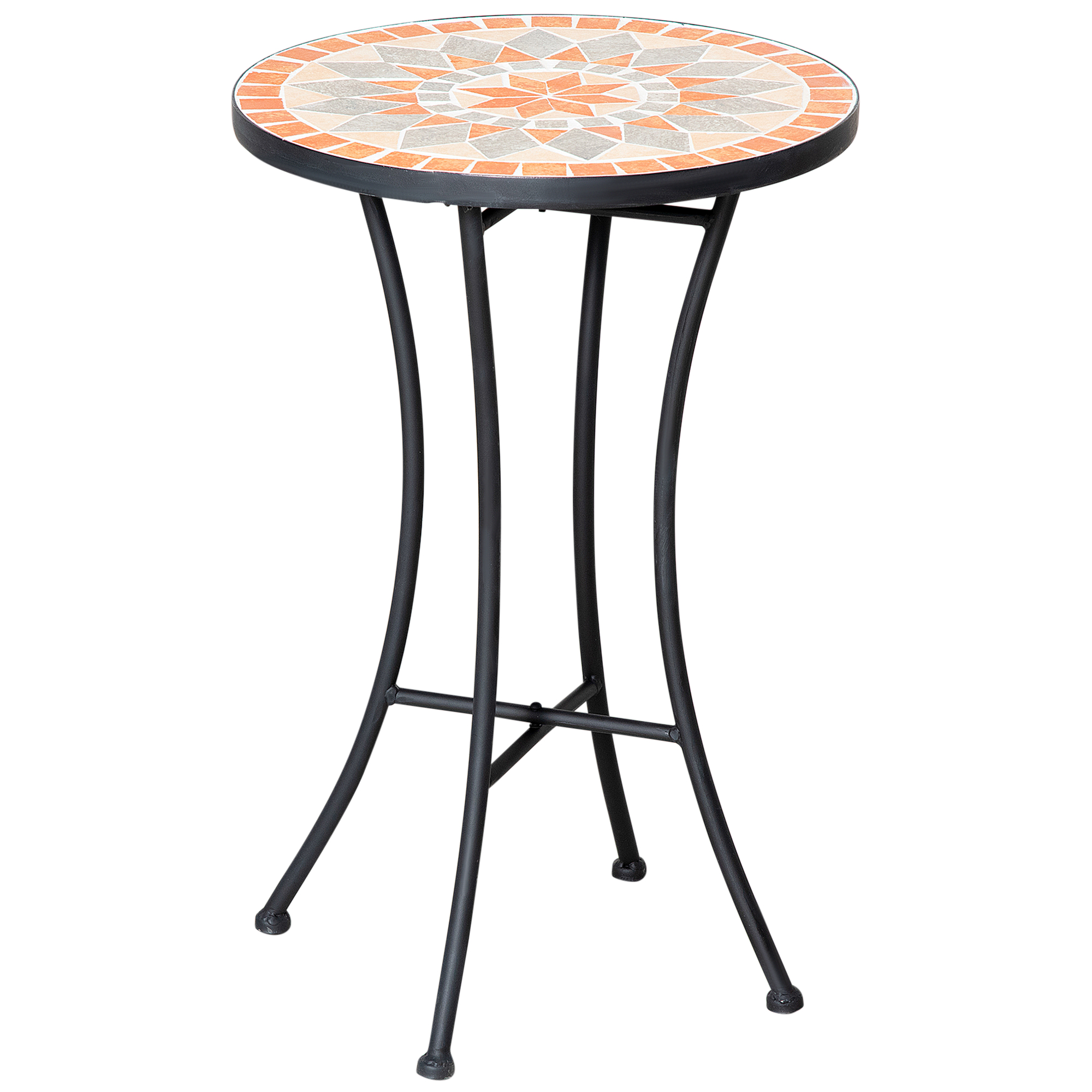 Tavolo rotondo in mosaico con piastrelle arancioni, grigie e beige su base in metallo nero.