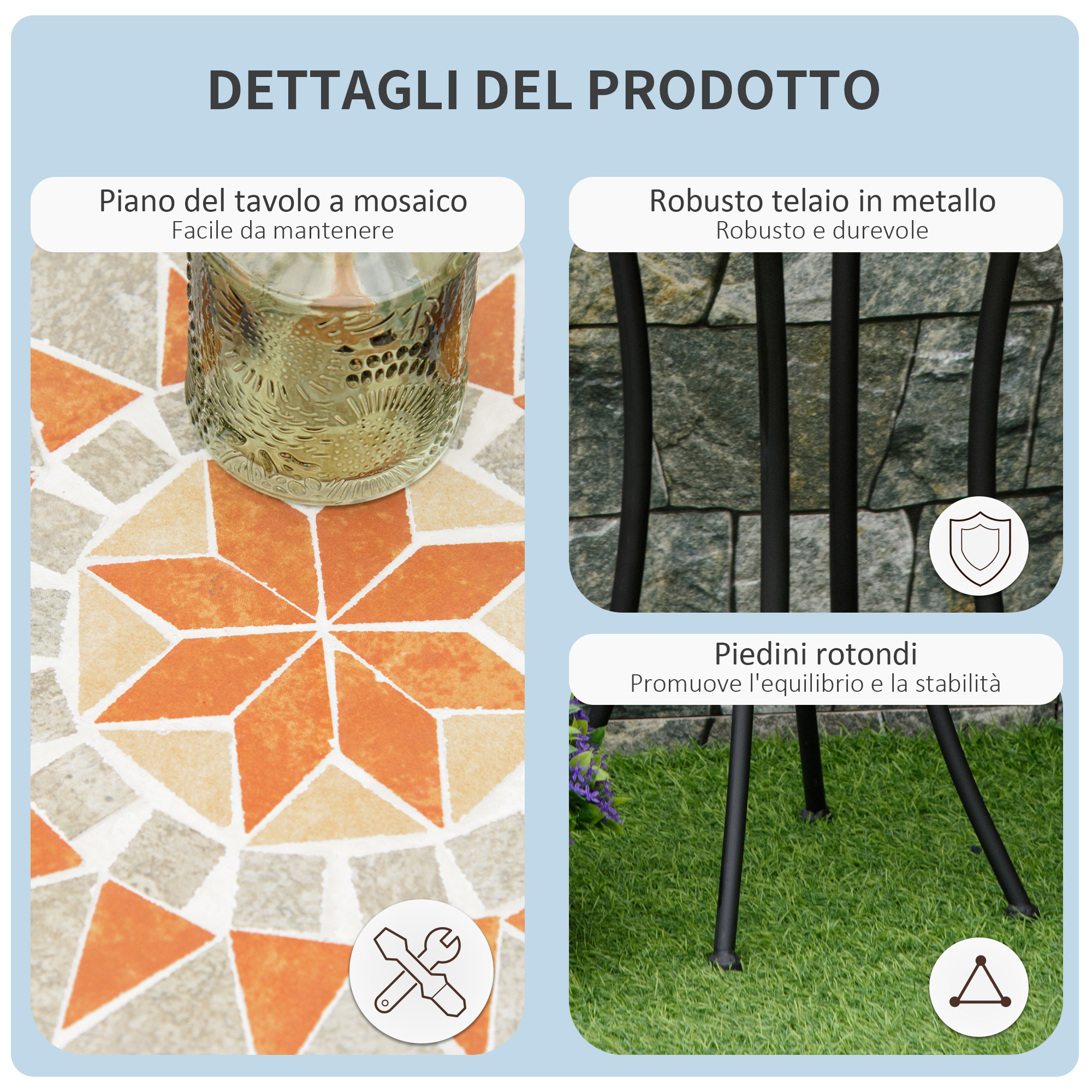 Piano del tavolo a mosaico, telaio in metallo, piedini rotondi.