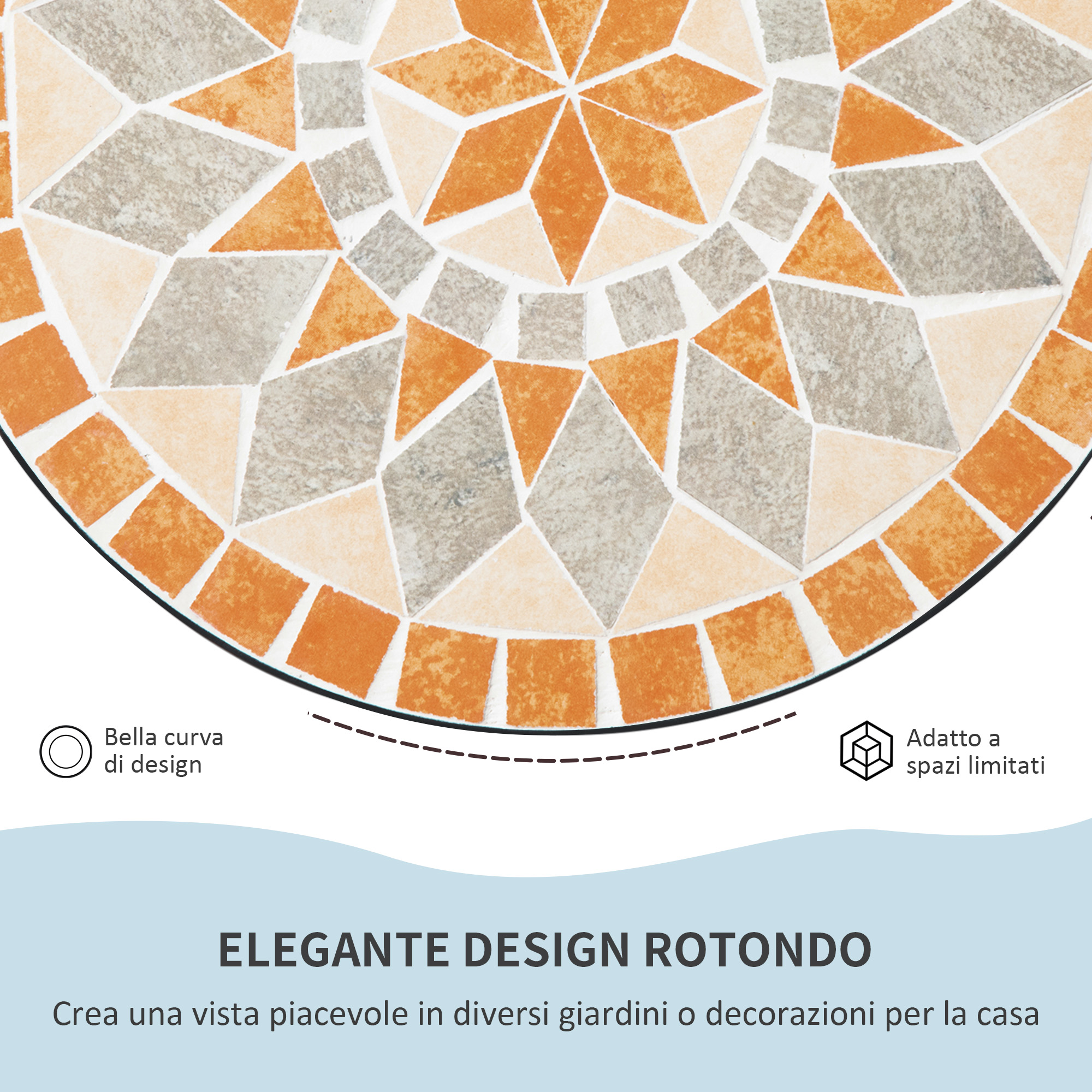 Superficie rotonda a mosaico con piastrelle geometriche arancioni e grigie.