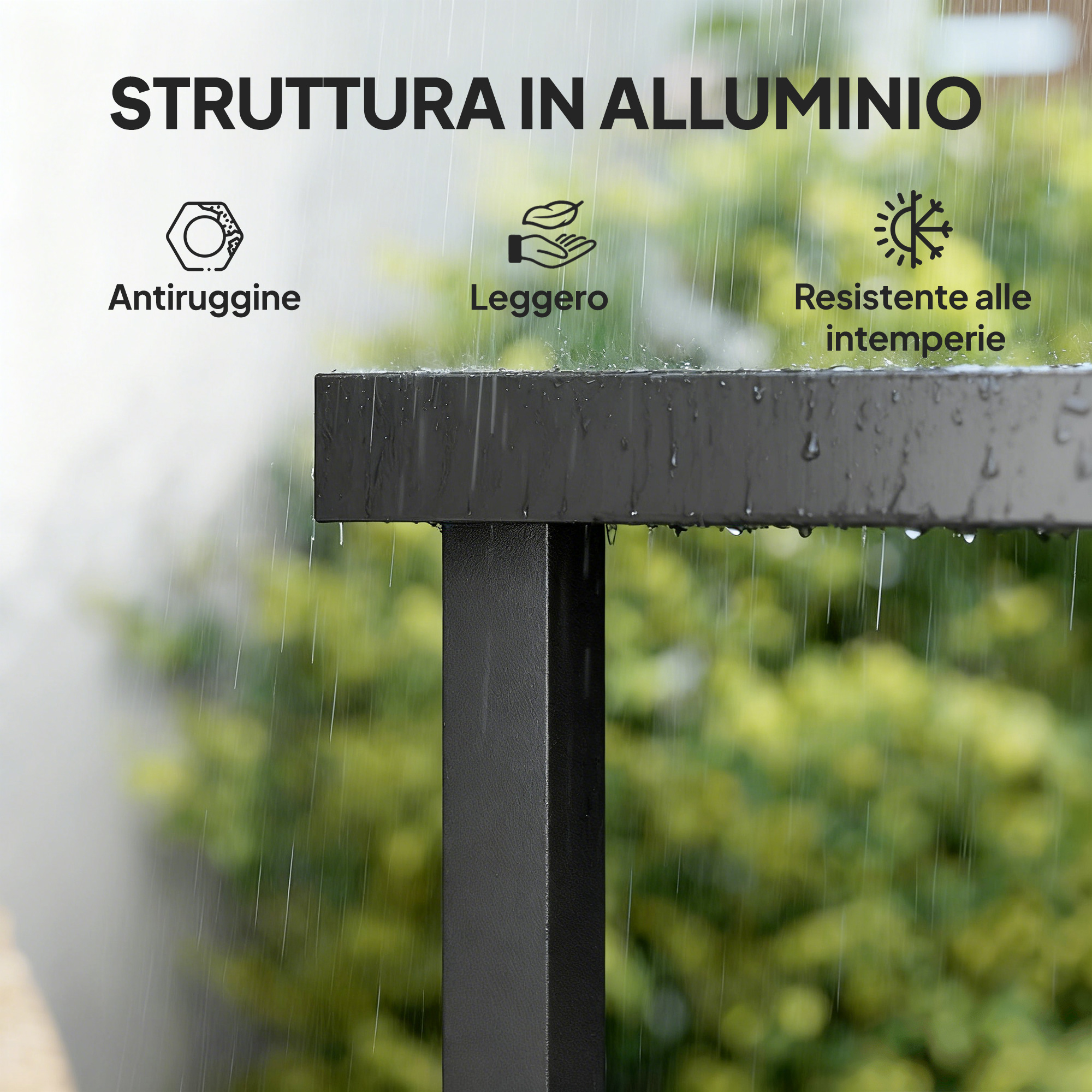 Struttura in alluminio sotto la pioggia: antiruggine, leggera, resistente.