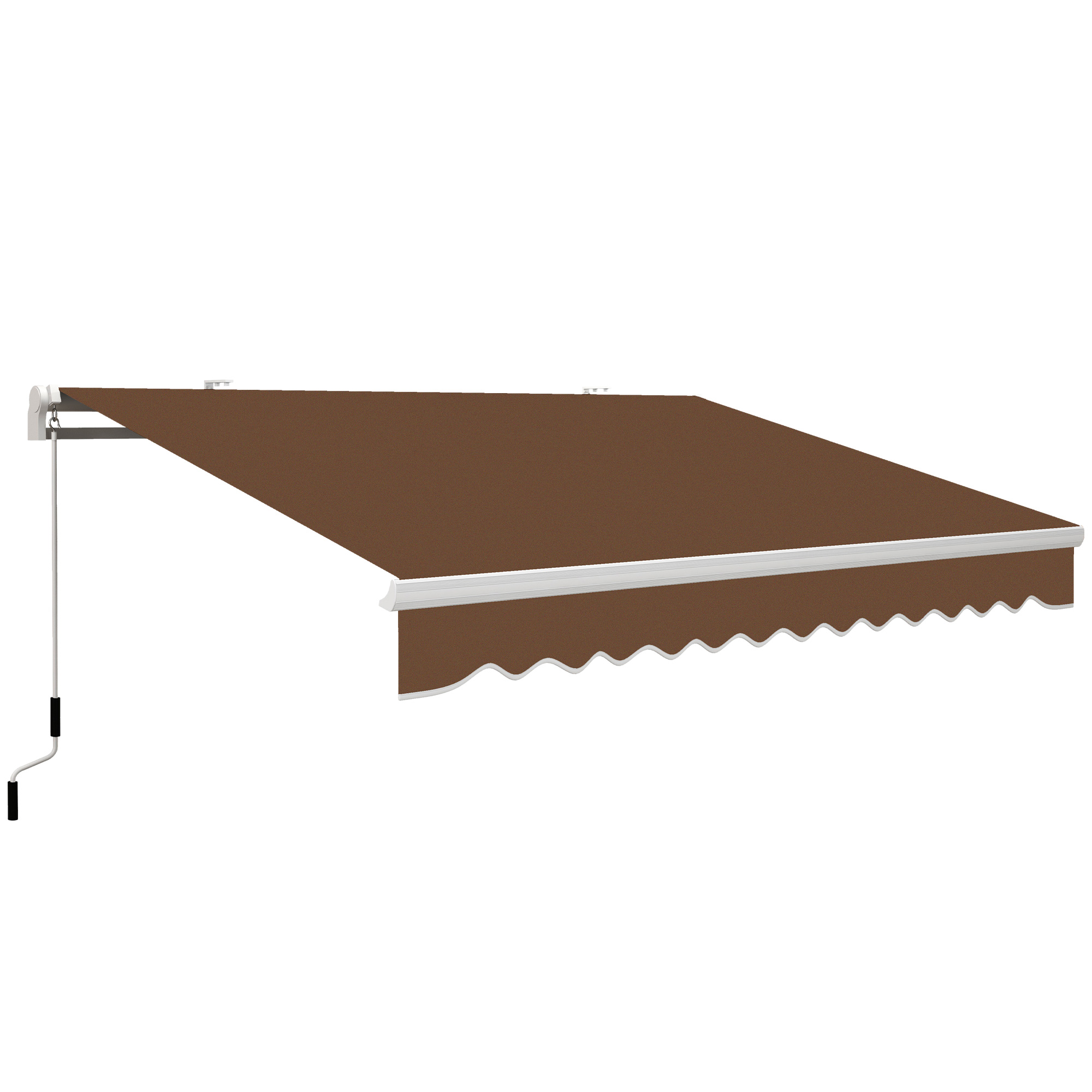 Tessuto marrone per tenda da sole con braccio e manovella bianchi. Bordo a festoni.