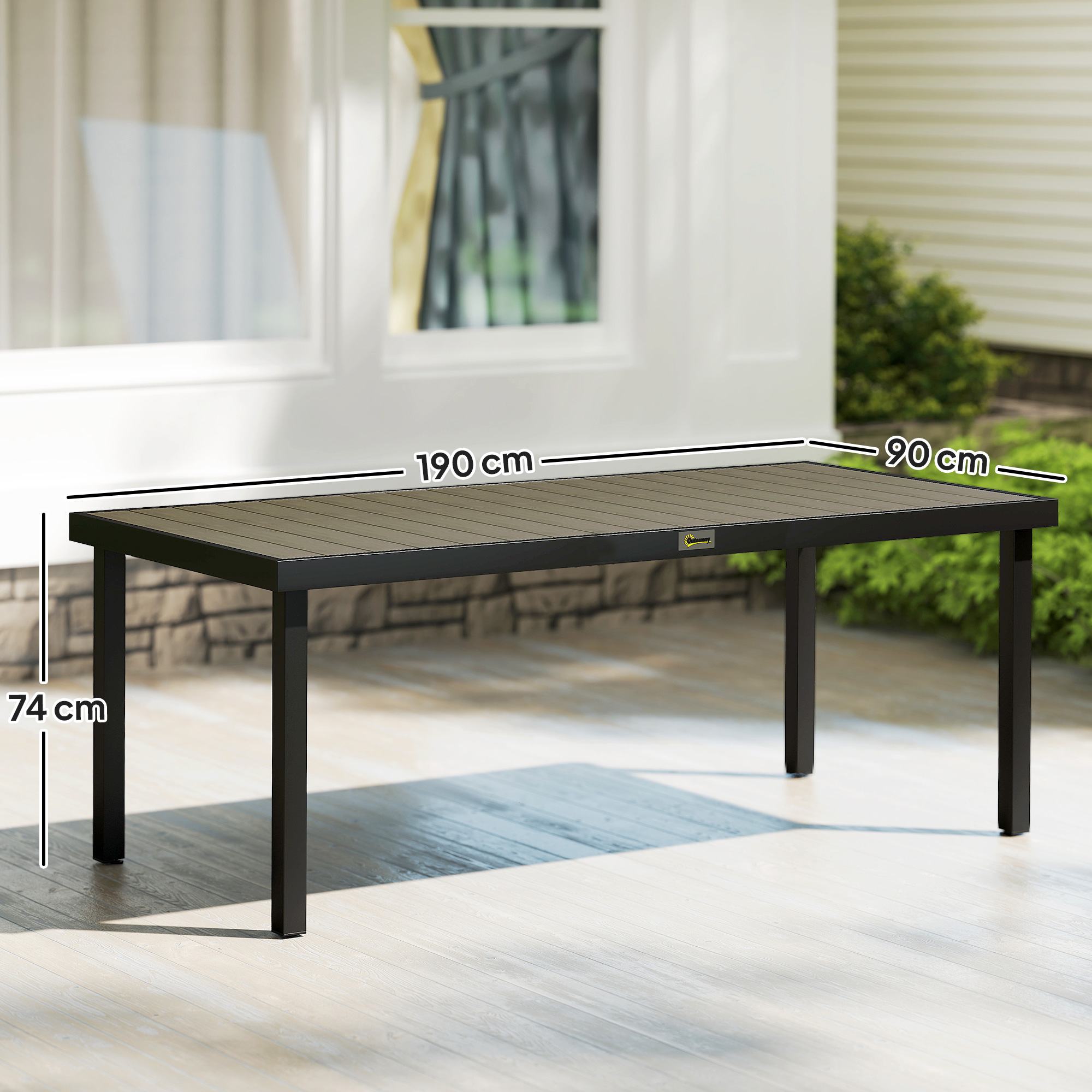 Tavolo rettangolare con cornice scura e piano in legno a doghe, 190x90x74cm.