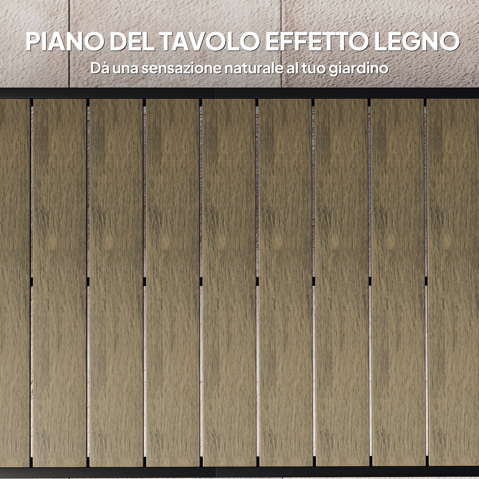 Piano del tavolo effetto legno, composto da assi marroni verticali.