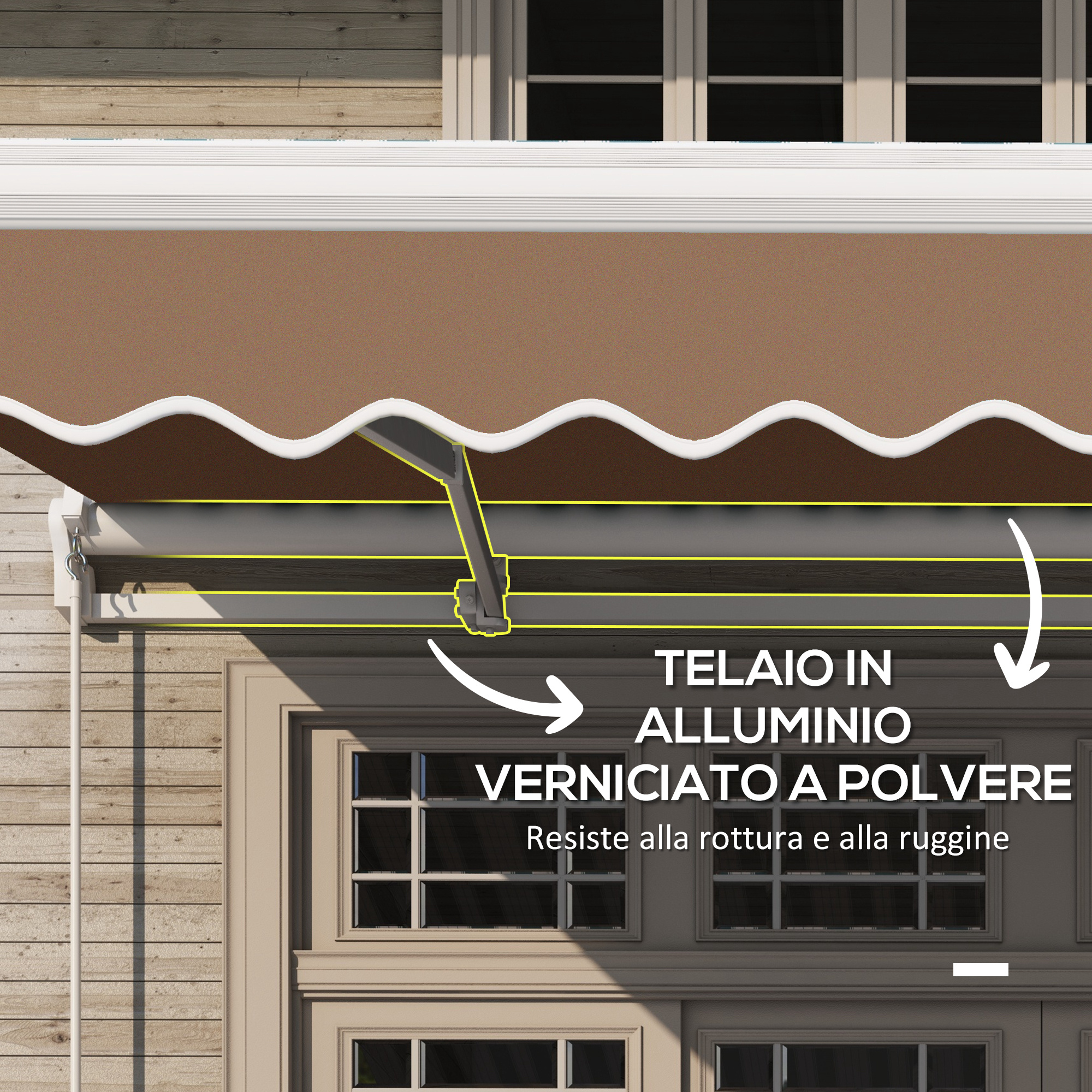 Tenda da sole marrone con bordo bianco sopra le finestre. Telaio in alluminio.