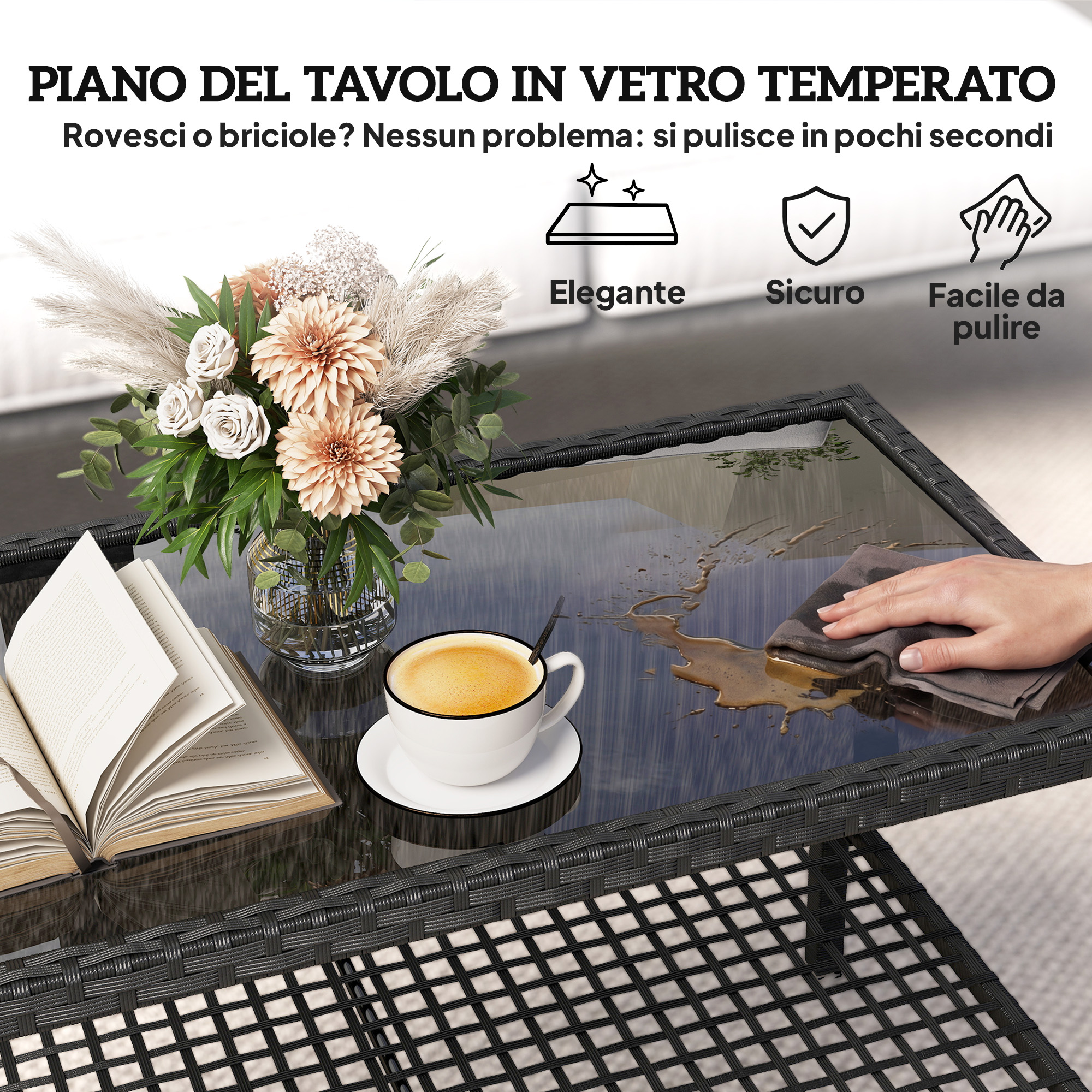 Libro, tazzina caffè e fiori su tavolino in vetro che viene pulito.