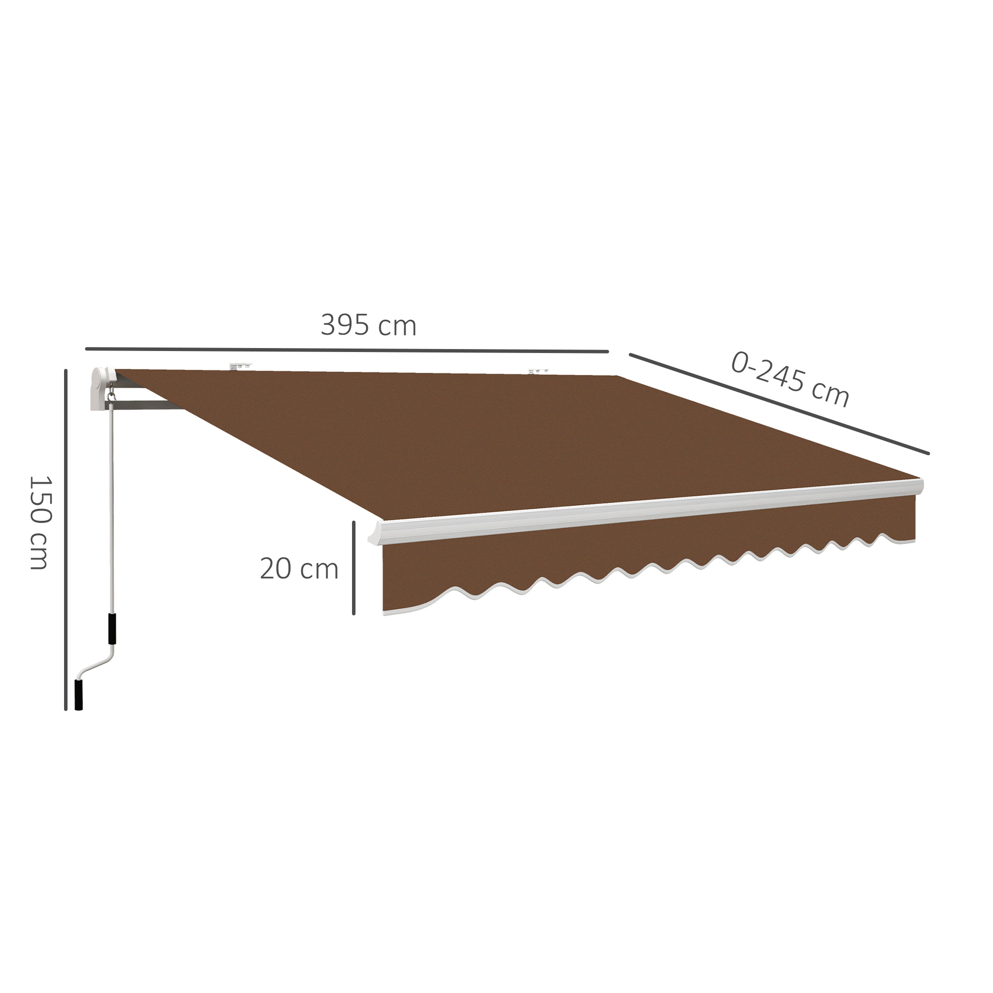 Tenda da sole con manovella, 395x245cm, marrone. Dimensioni: 150cm altezza, 20cm sporgenza.