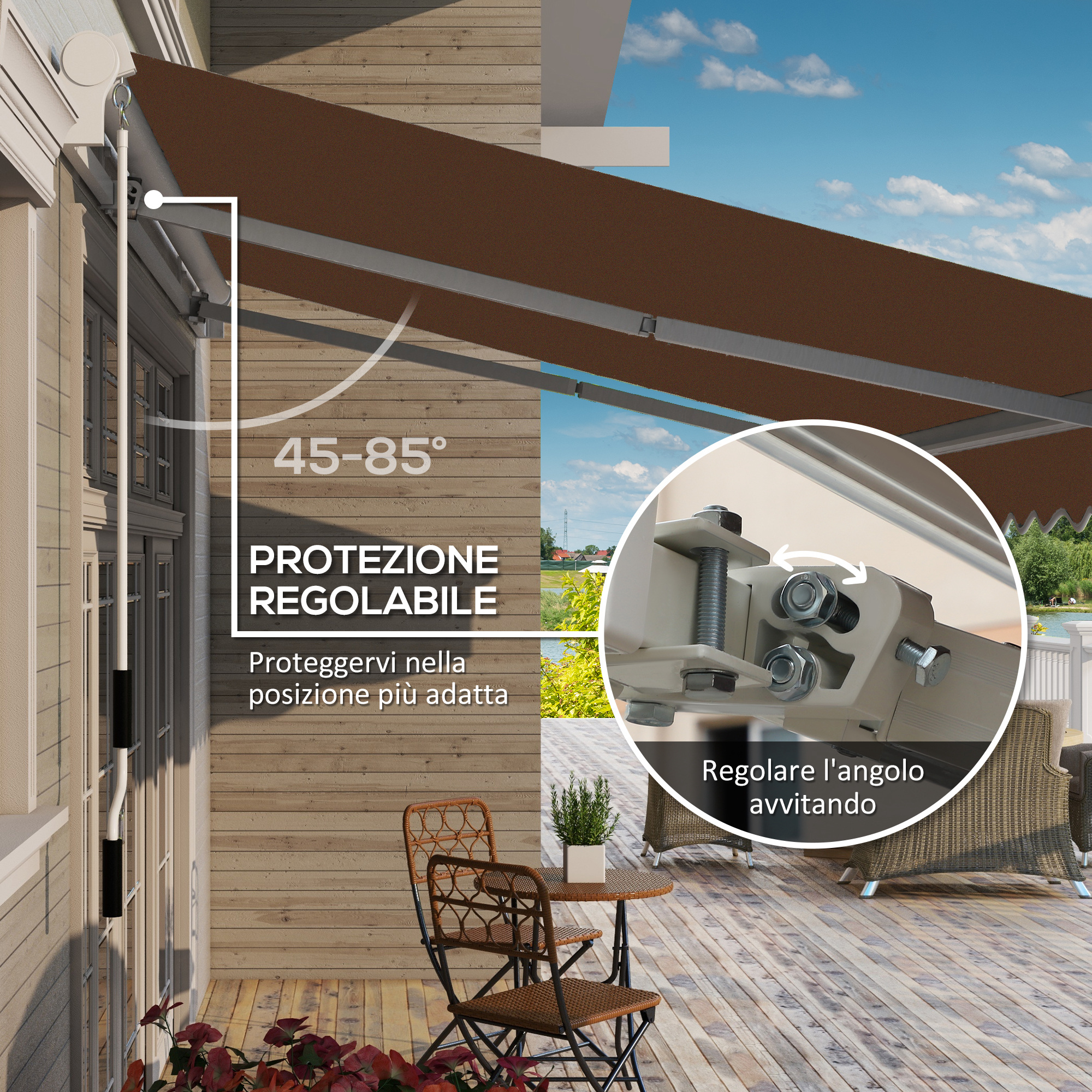 Una tenda da sole marrone retrattile su un terrazzo in legno con mobili.