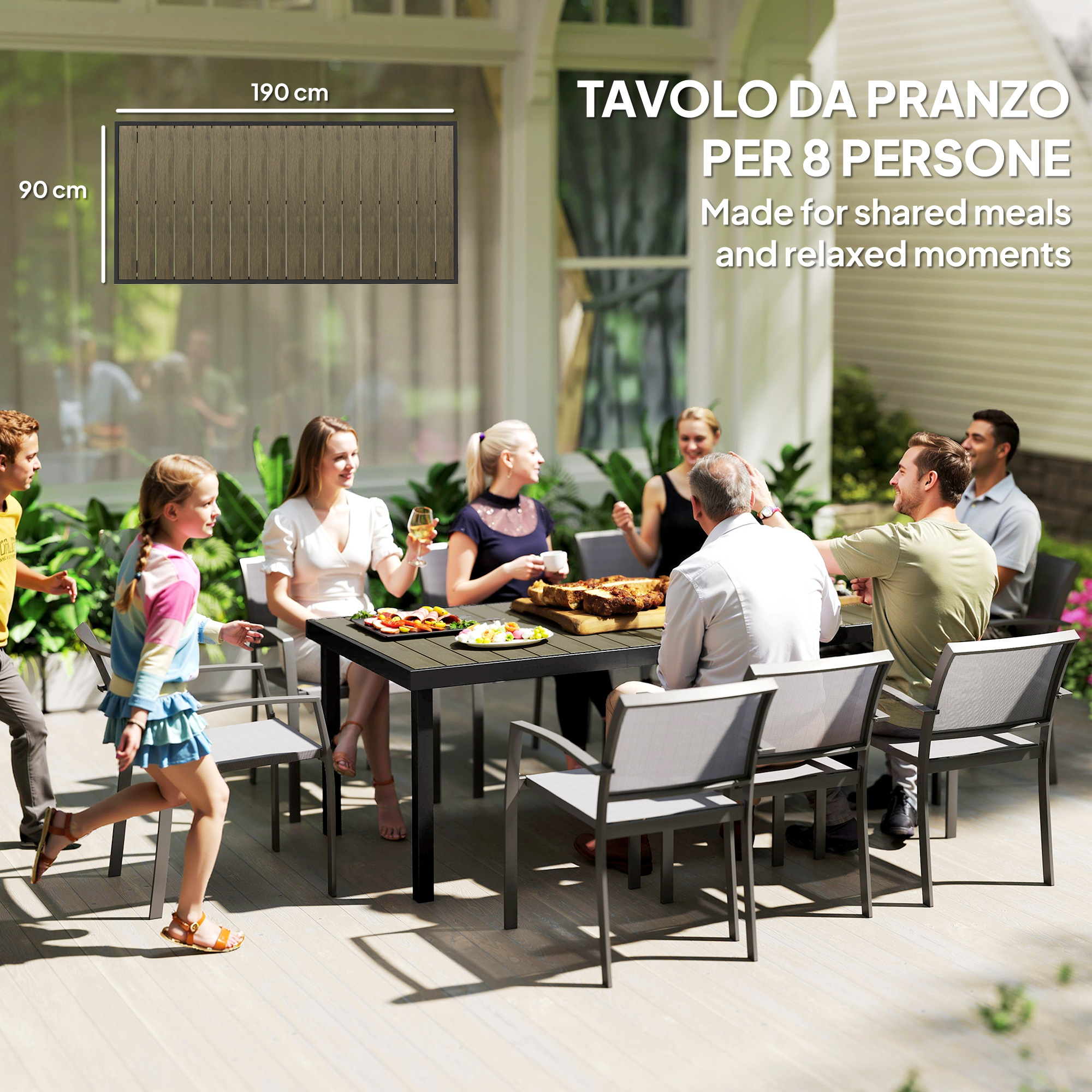 Famiglia cena all'aperto a un tavolo, bambini corrono. Tavolo 190x90cm.