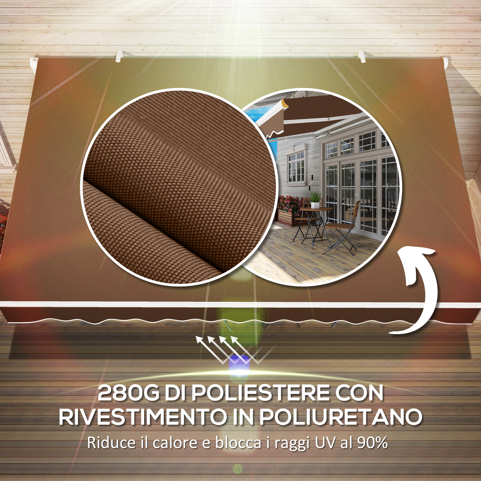 Tessuto marrone per tenda da sole con dettagli testuali e primo piano.