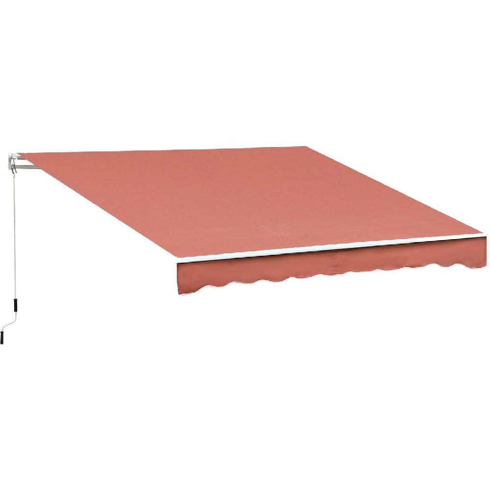 Un tessuto per tenda da sole corallo, esteso, con bordo bianco e orlo smerlato.