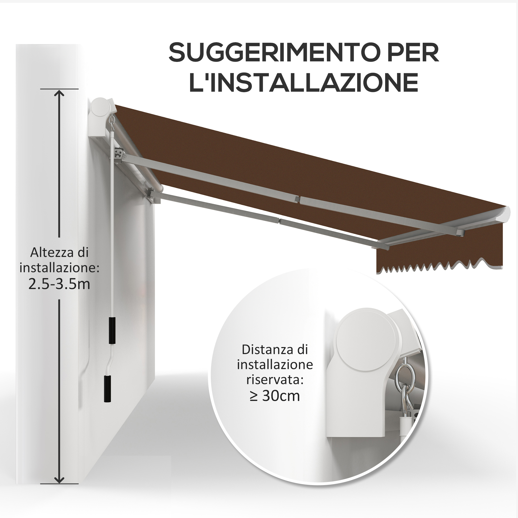 Tenda da sole con suggerimenti per l'installazione: altezza 2,5-3,5m, spazio libero ≥ 30cm.