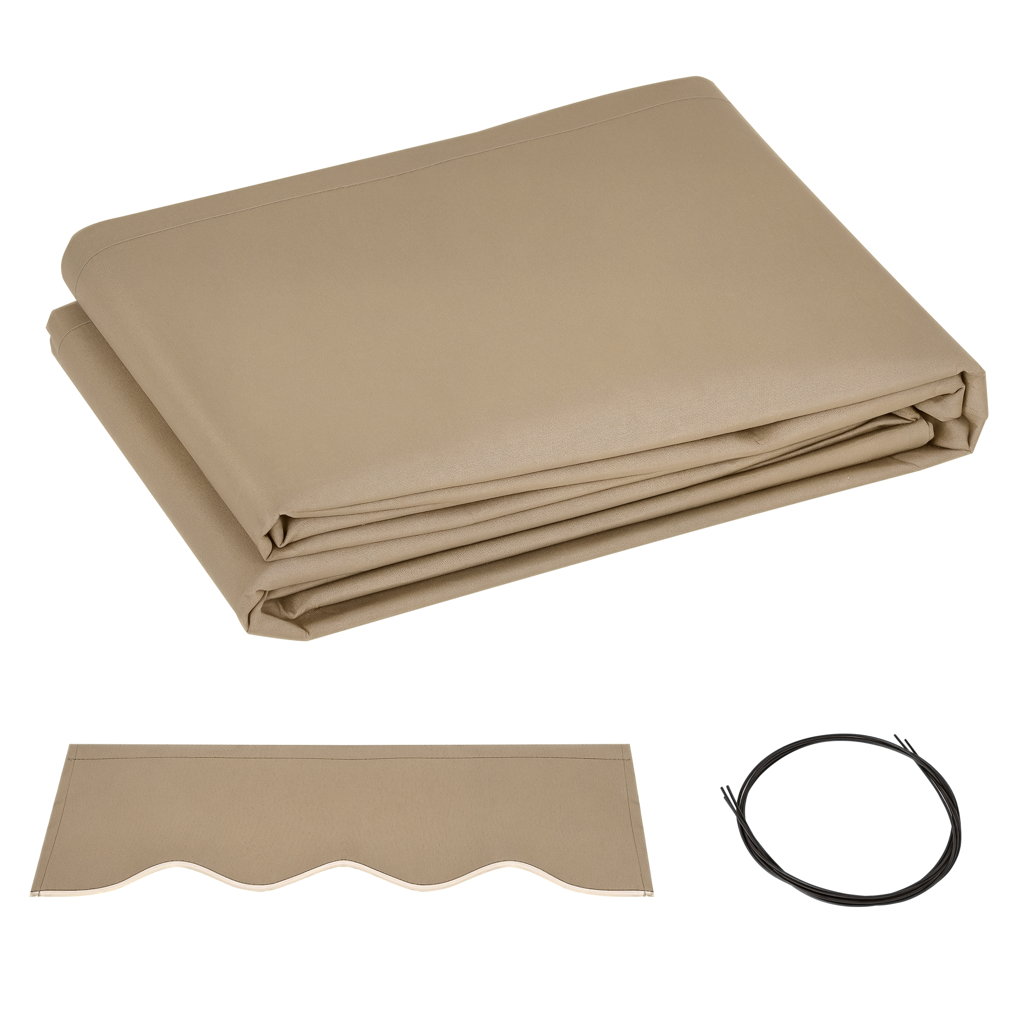 Tessuto da tenda piegato color cuoio, un volant smerlato e un cavo nero su bianco.