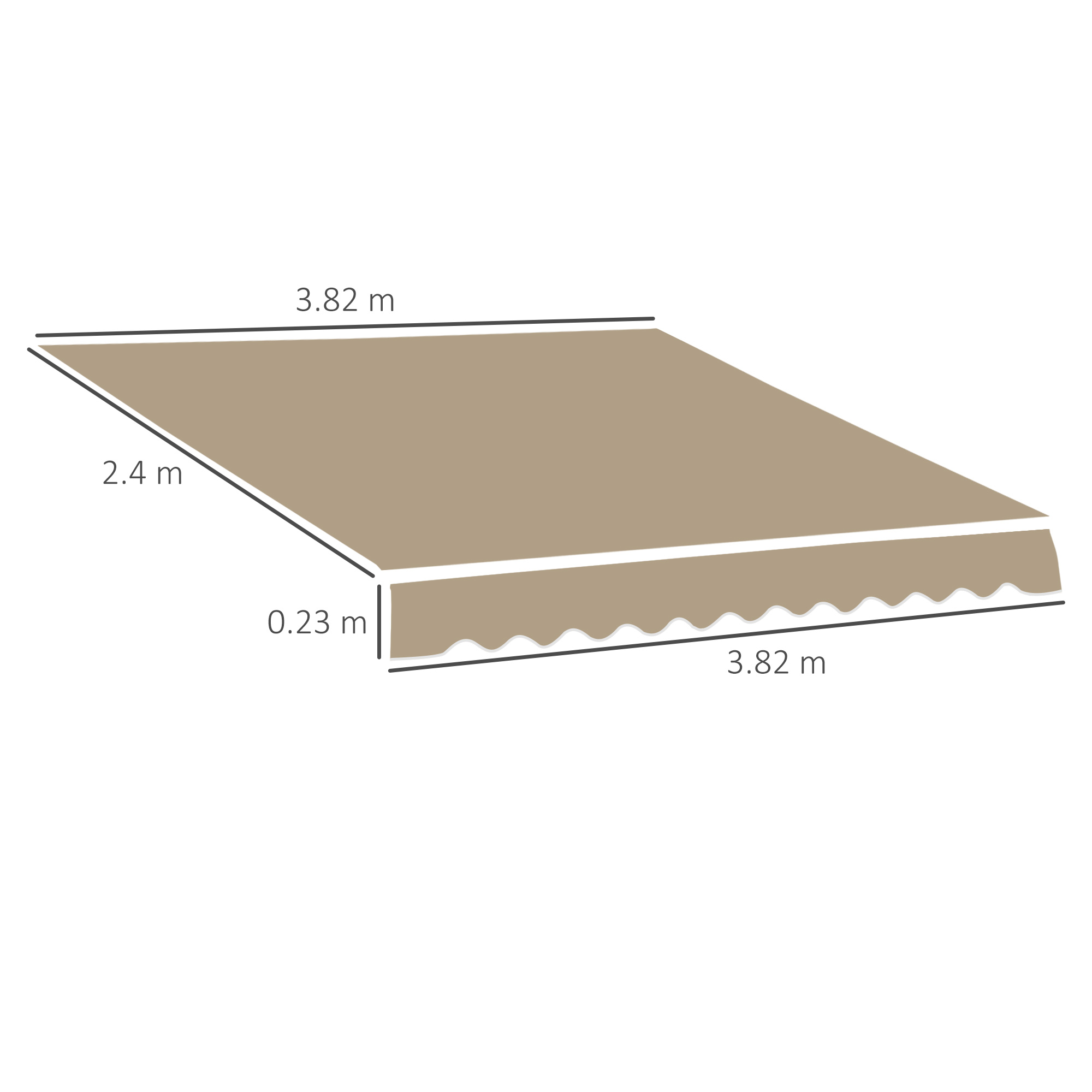 Una tenda da sole beige con bordo a festoni, dimensioni 3,82m x 2,4m x 0,23m.