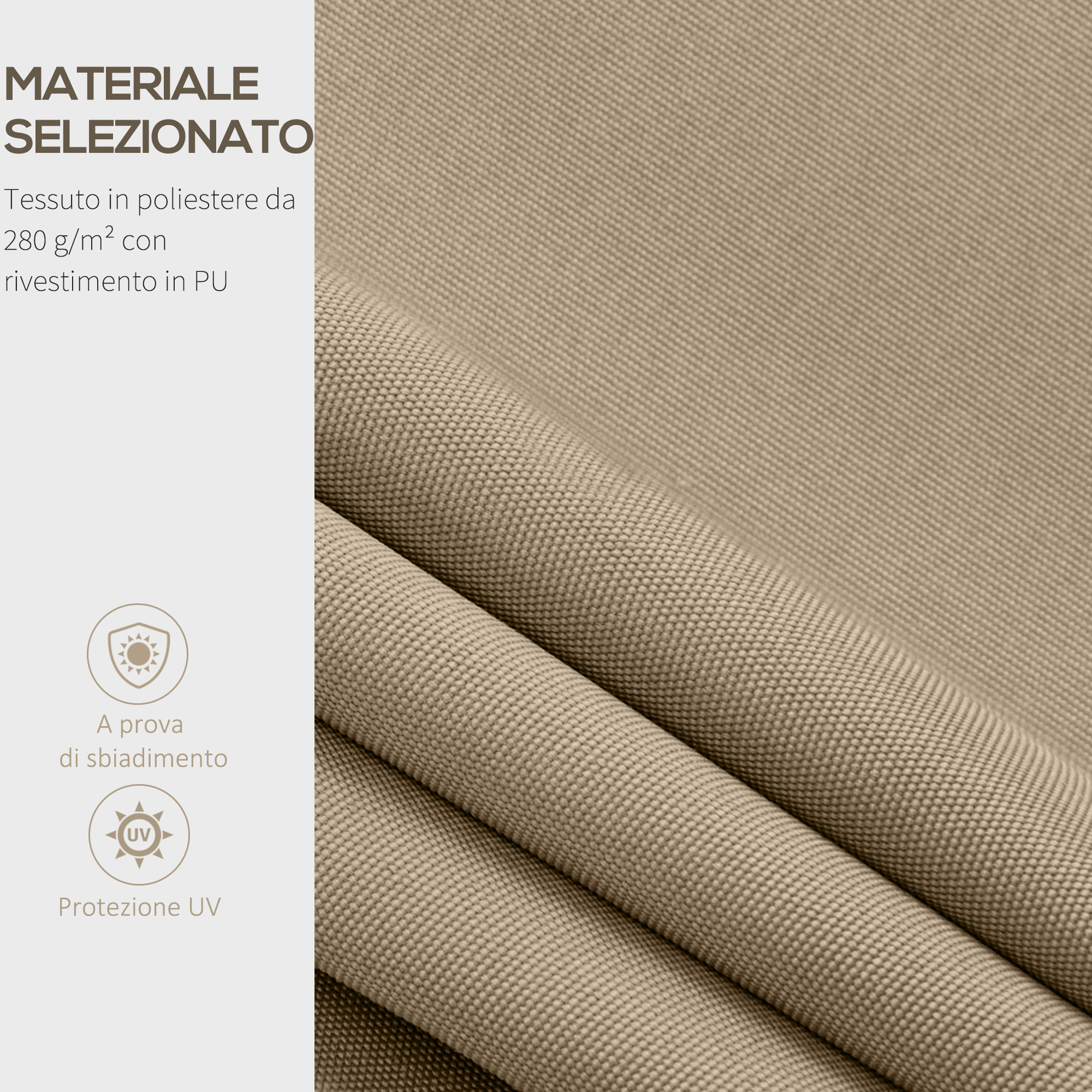 Tessuto poliestere beige con rivestimento PU, protezione UV, resistente.