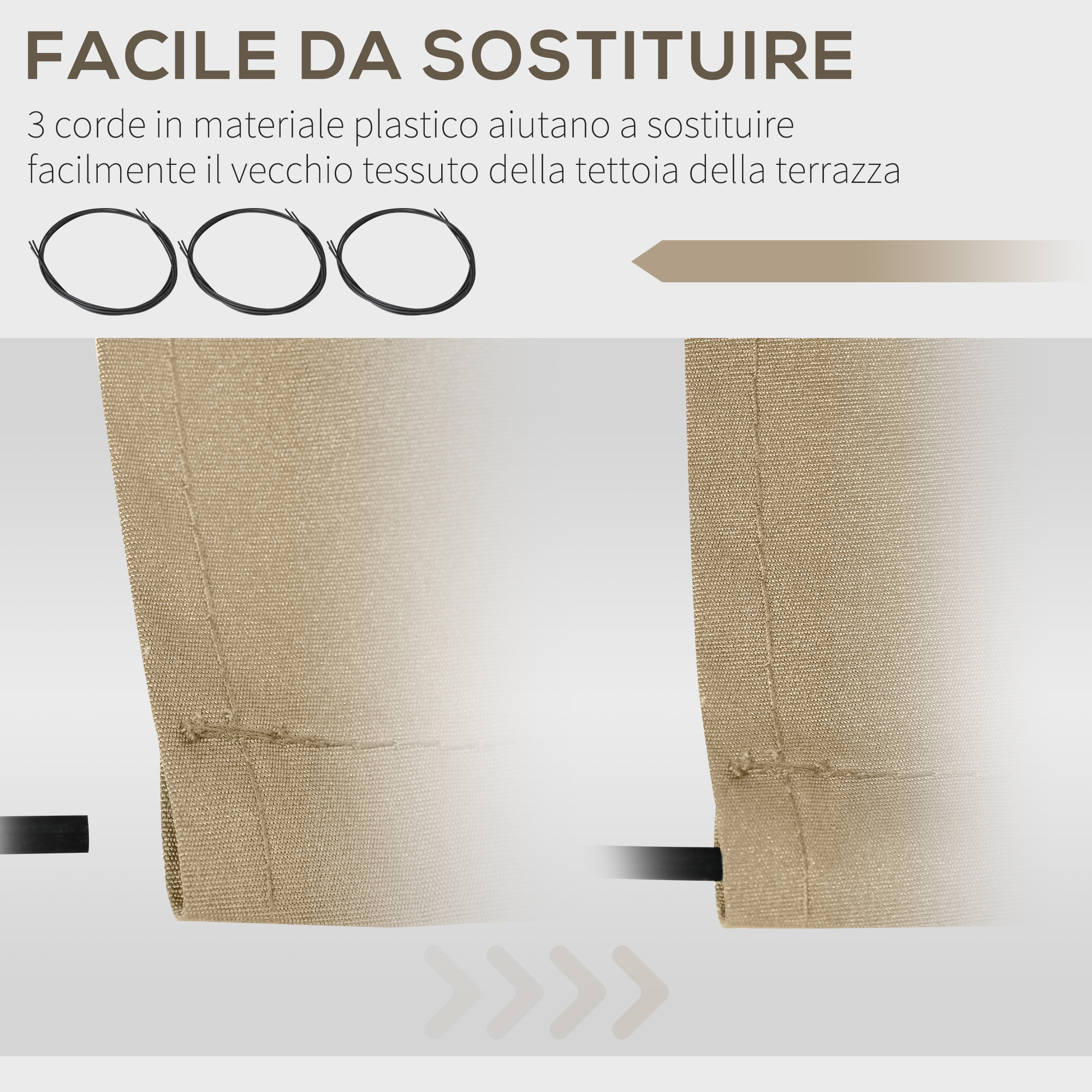 Tre corde aiutano a sostituire facilmente il vecchio tessuto del tendone.