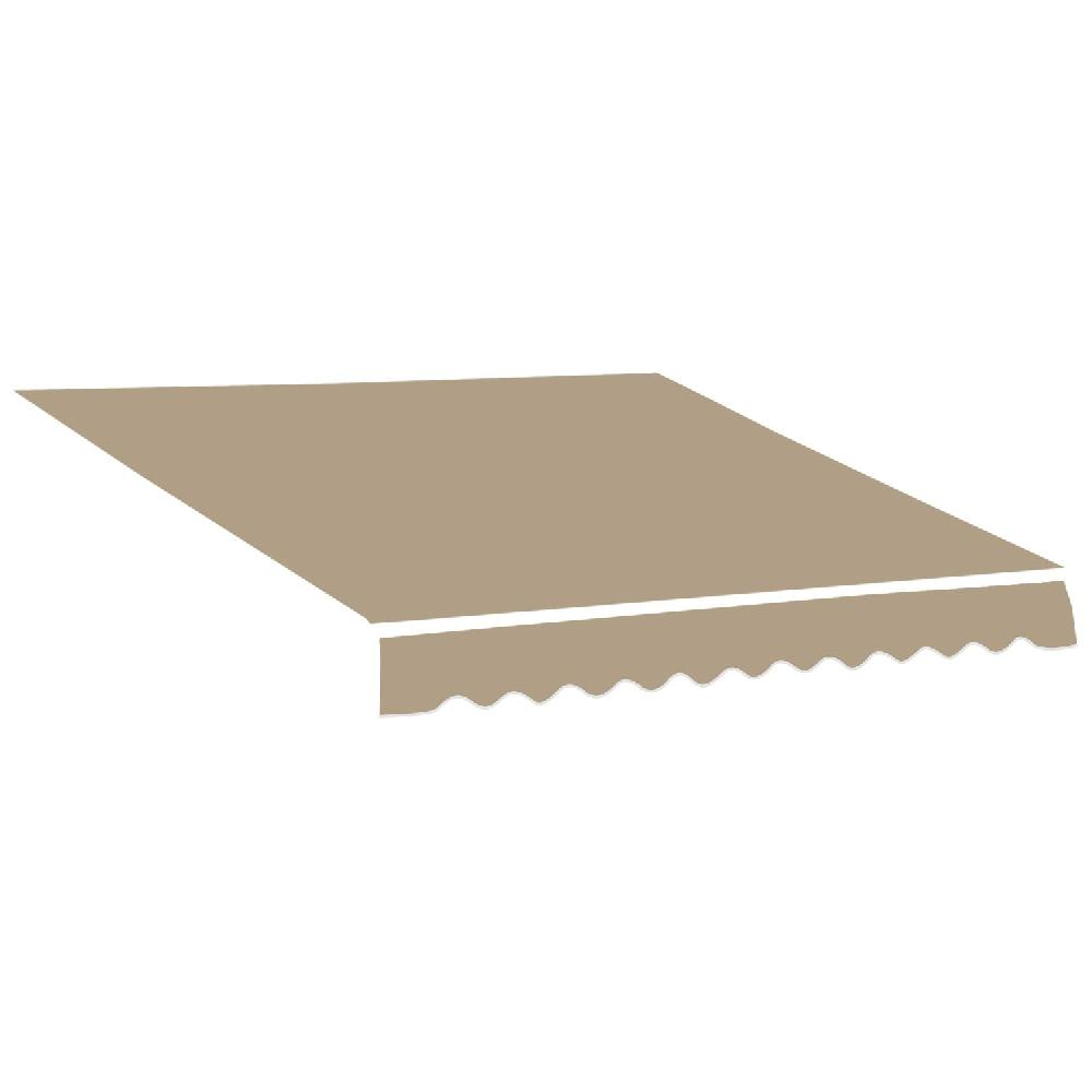 Un tessuto da tenda da sole beige con bordo smerlato, esteso verso destra.