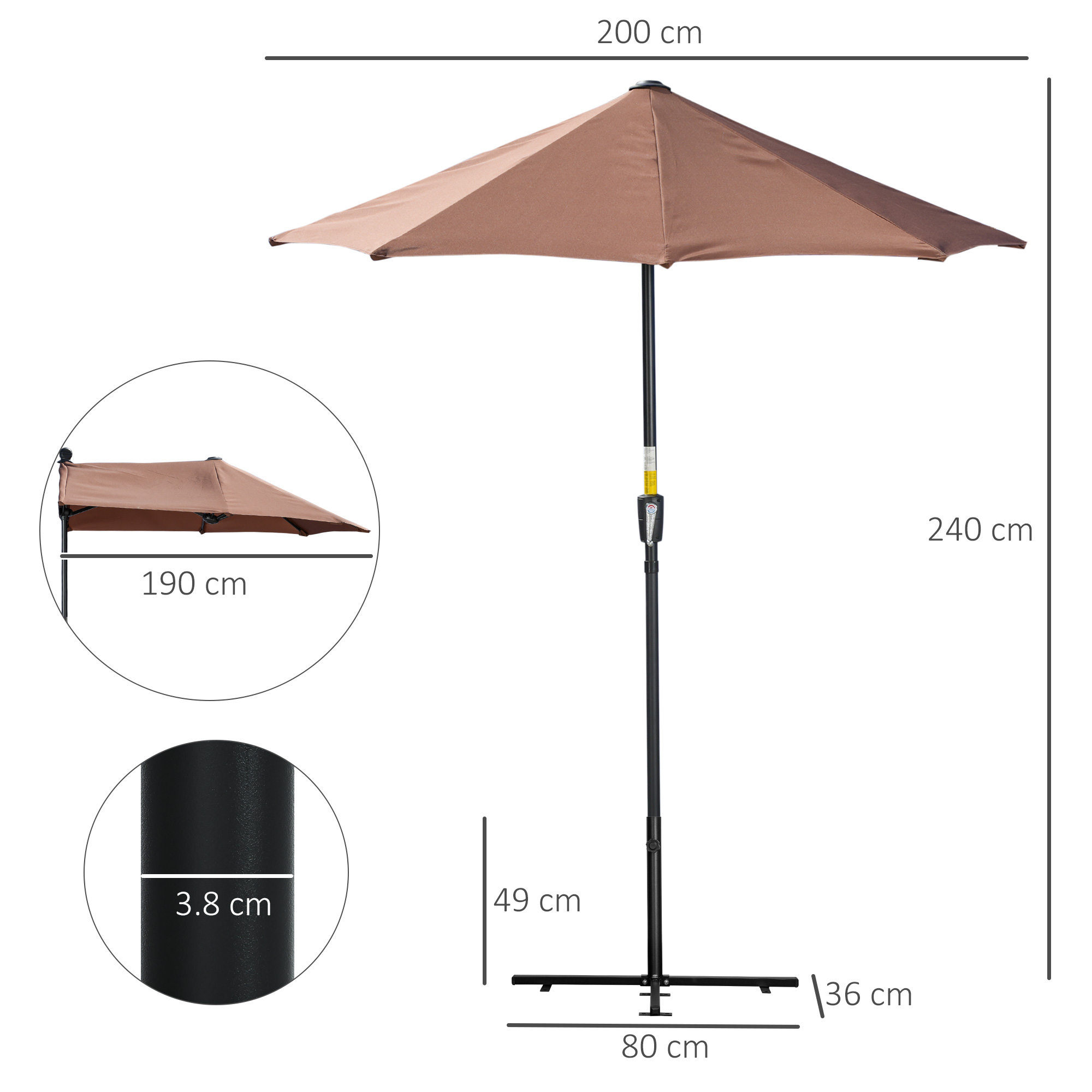 Un ombrellone da esterno marrone, largo 200 cm, alto 240 cm, con misure.
