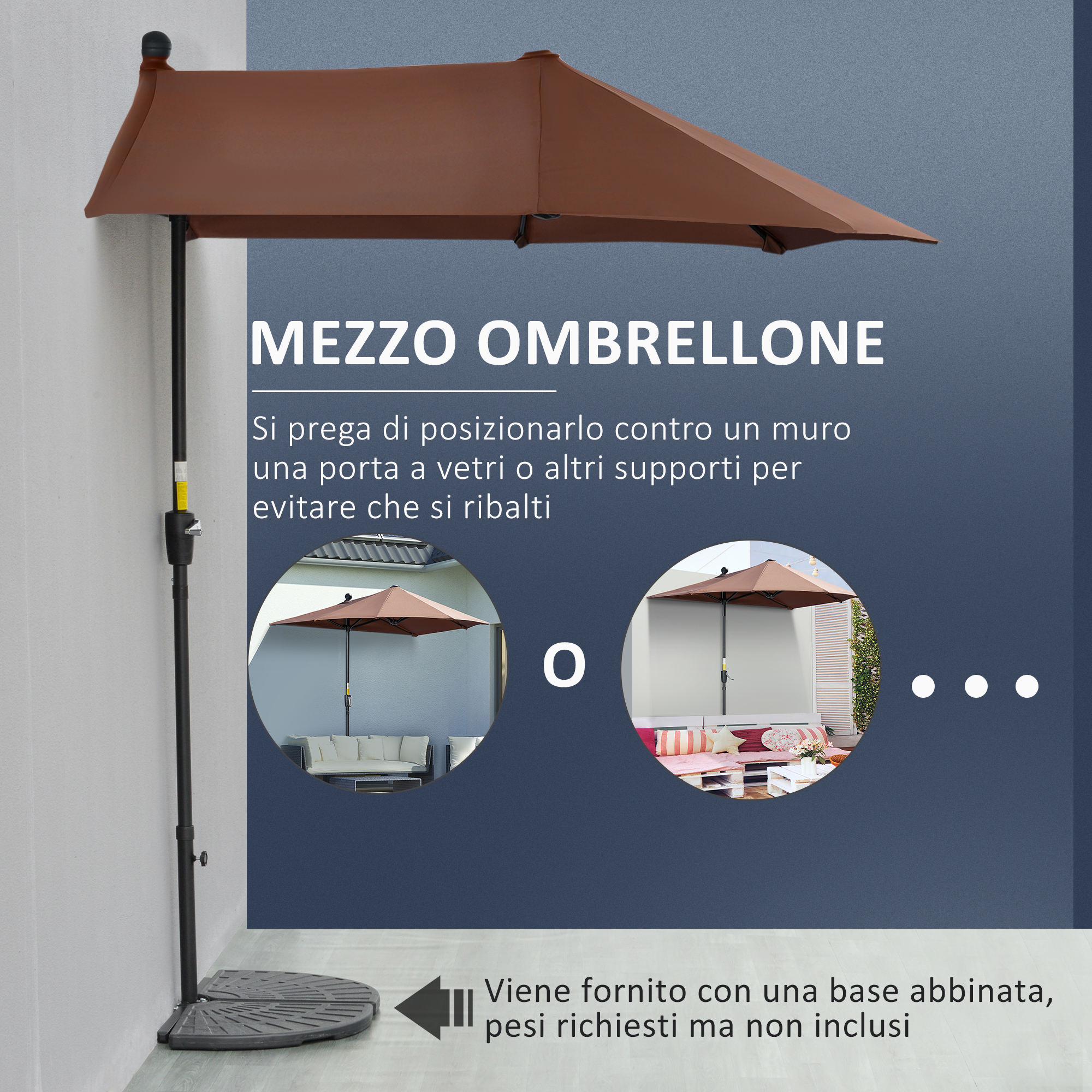Un mezzo ombrellone marrone montato a parete con base abbinata.