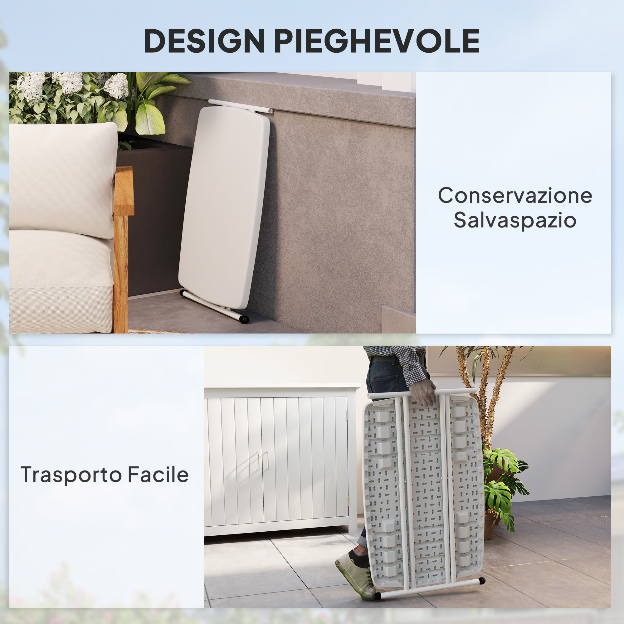 Un tavolo pieghevole bianco viene riposto e piegato.