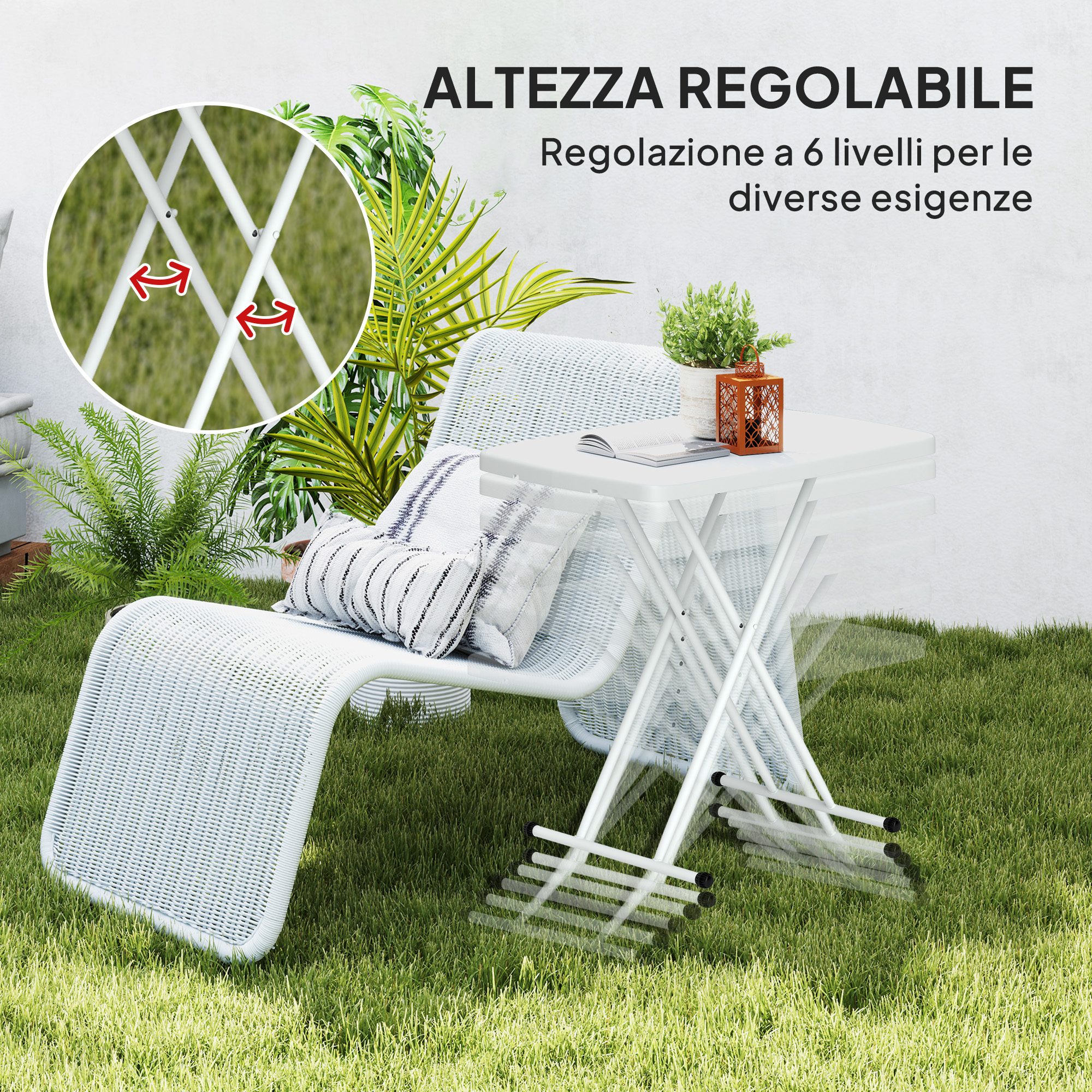 Tavolo e sdraio bianco regolabile su erba verde con piante.