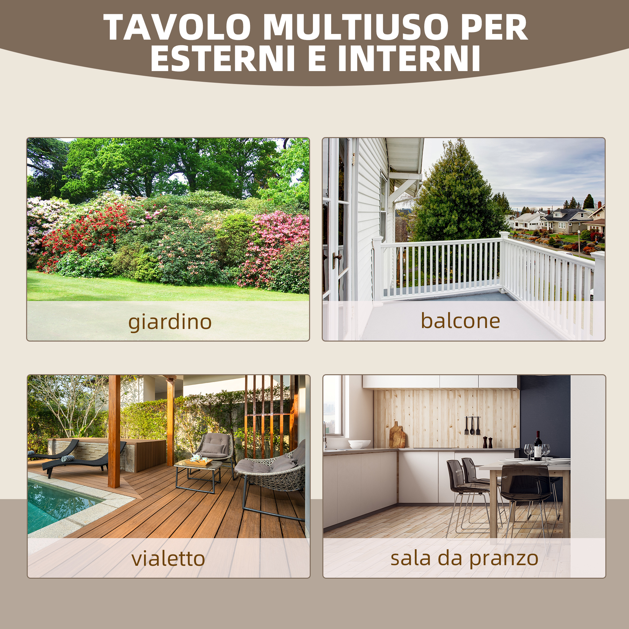 Quattro immagini mostrano giardino, balcone, area piscina e sala da pranzo.