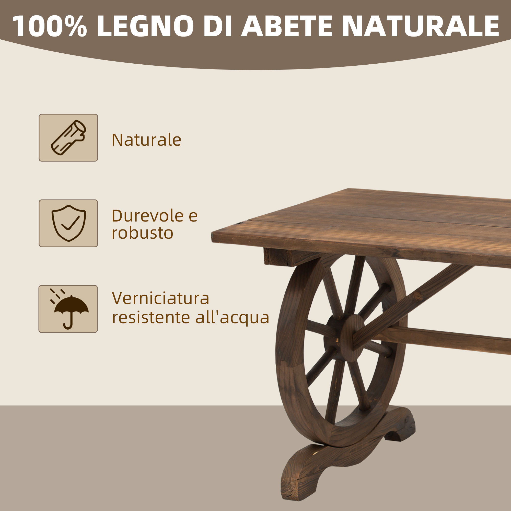 Tavolo in legno con dettagli a ruota e testo: 100% legno di abete naturale.
