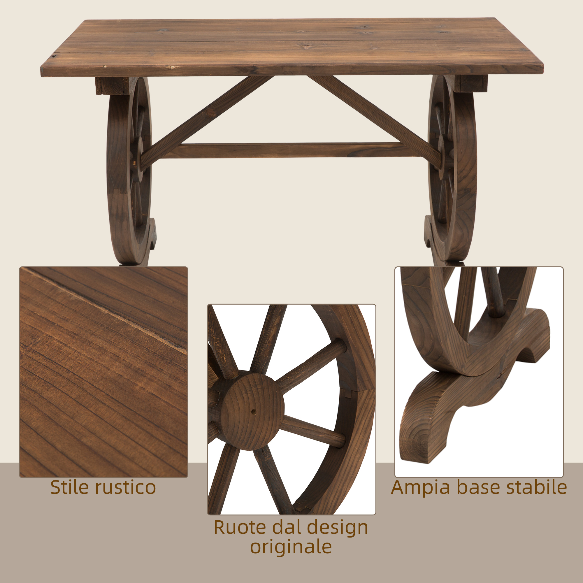 Tavolo in legno con gambe stile ruota di carro e rinforzo a X.