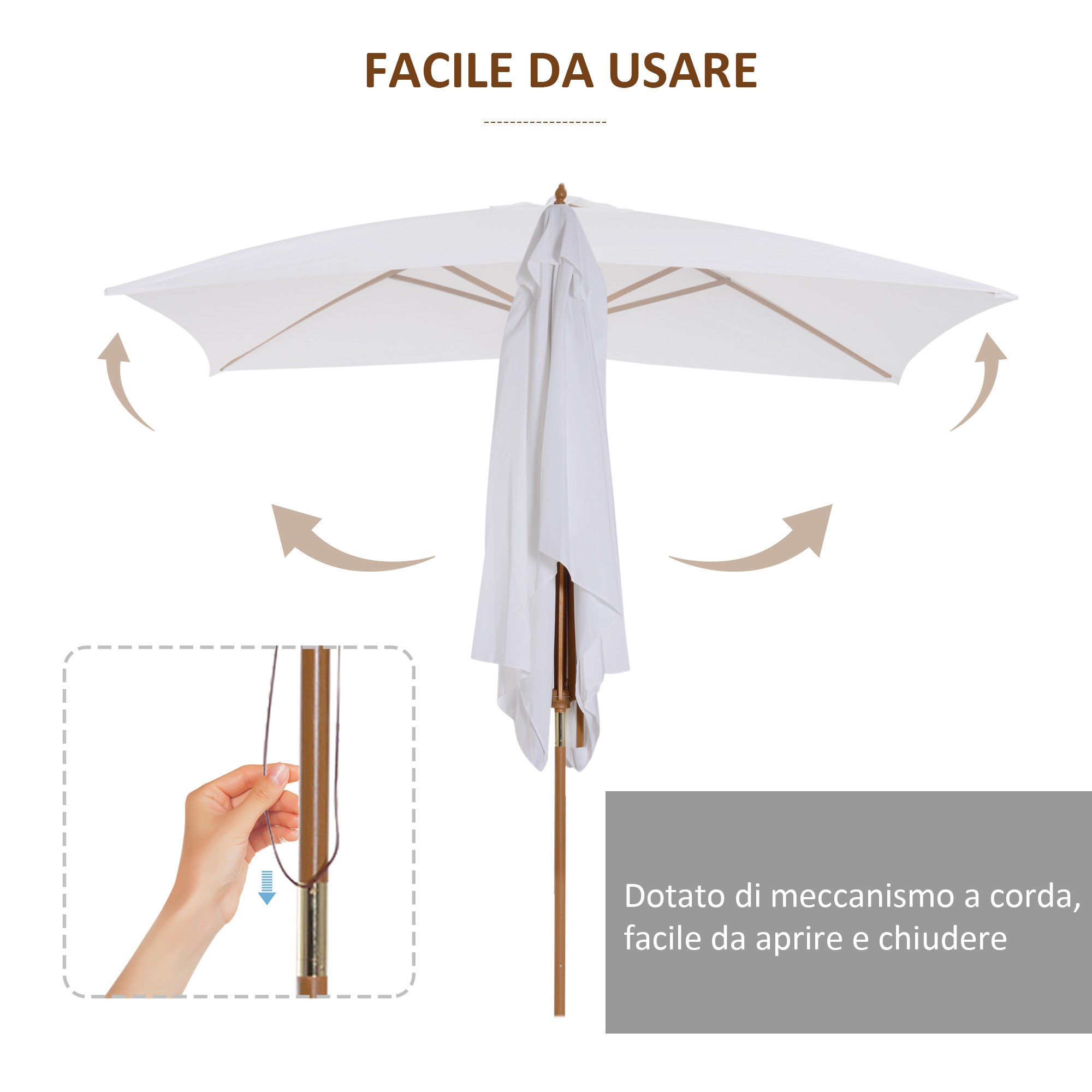 Un ombrellone bianco con struttura in legno, parzialmente aperto. Mostra un meccanismo a corda.