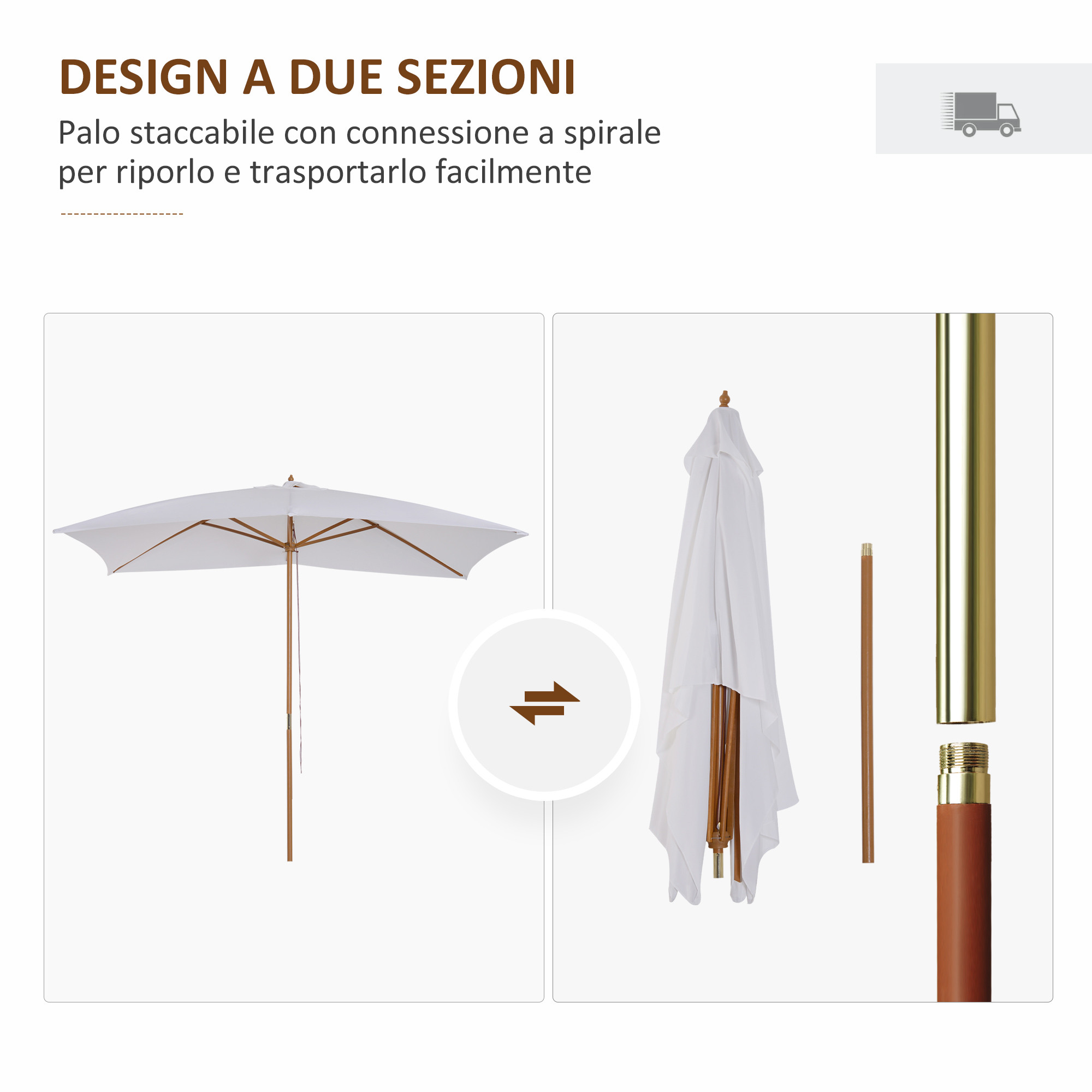 Ombrellone bianco, smontabile, con dettagli in legno e pali dorati.
