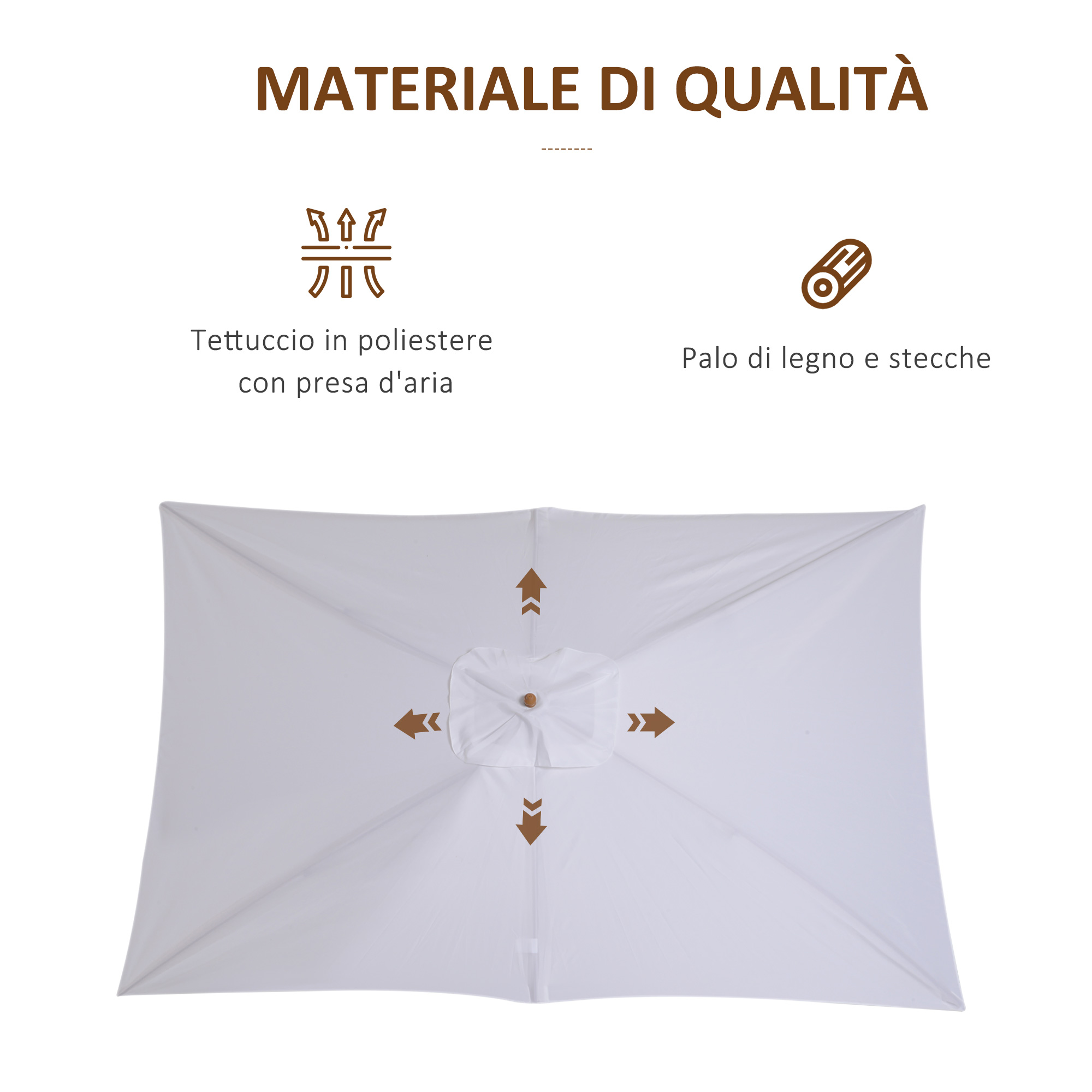Un ombrellone bianco in poliestere con palo in legno, disteso.