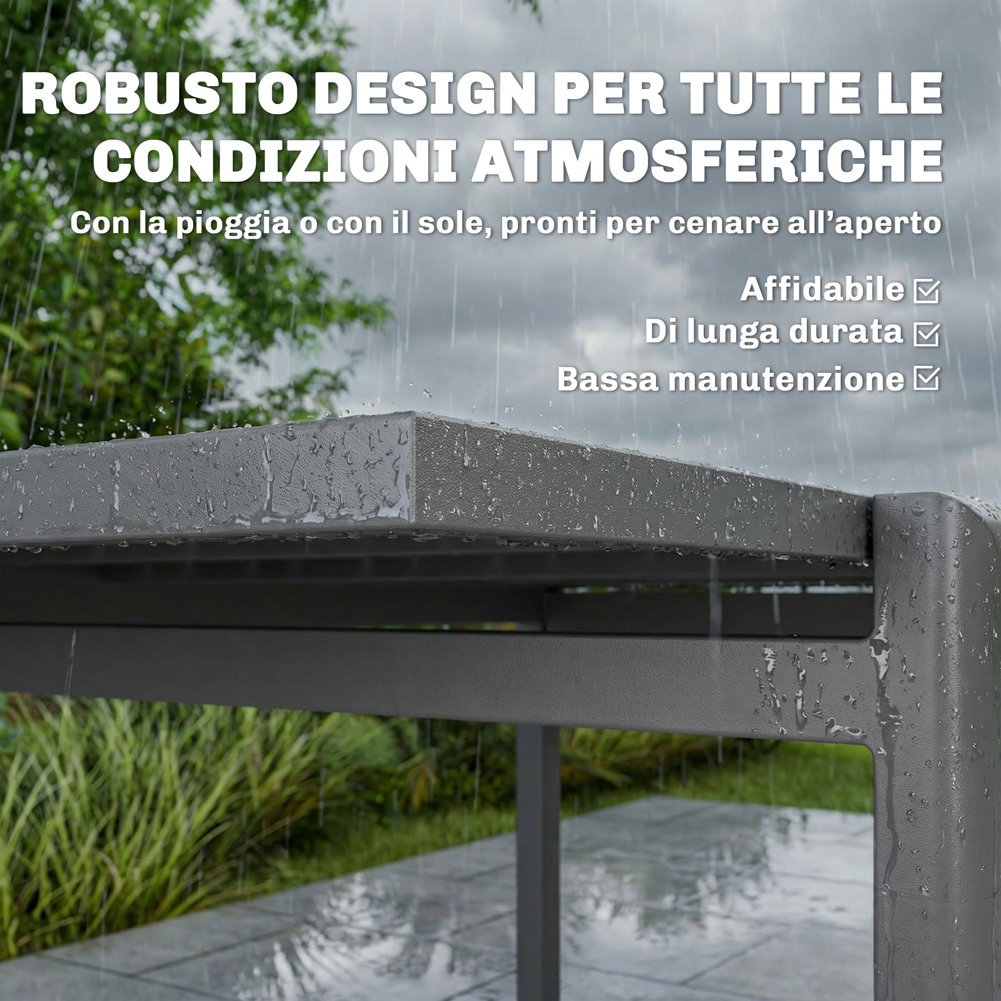 Gazebo in metallo grigio con gocce di pioggia. Adatto a tutte le condizioni.