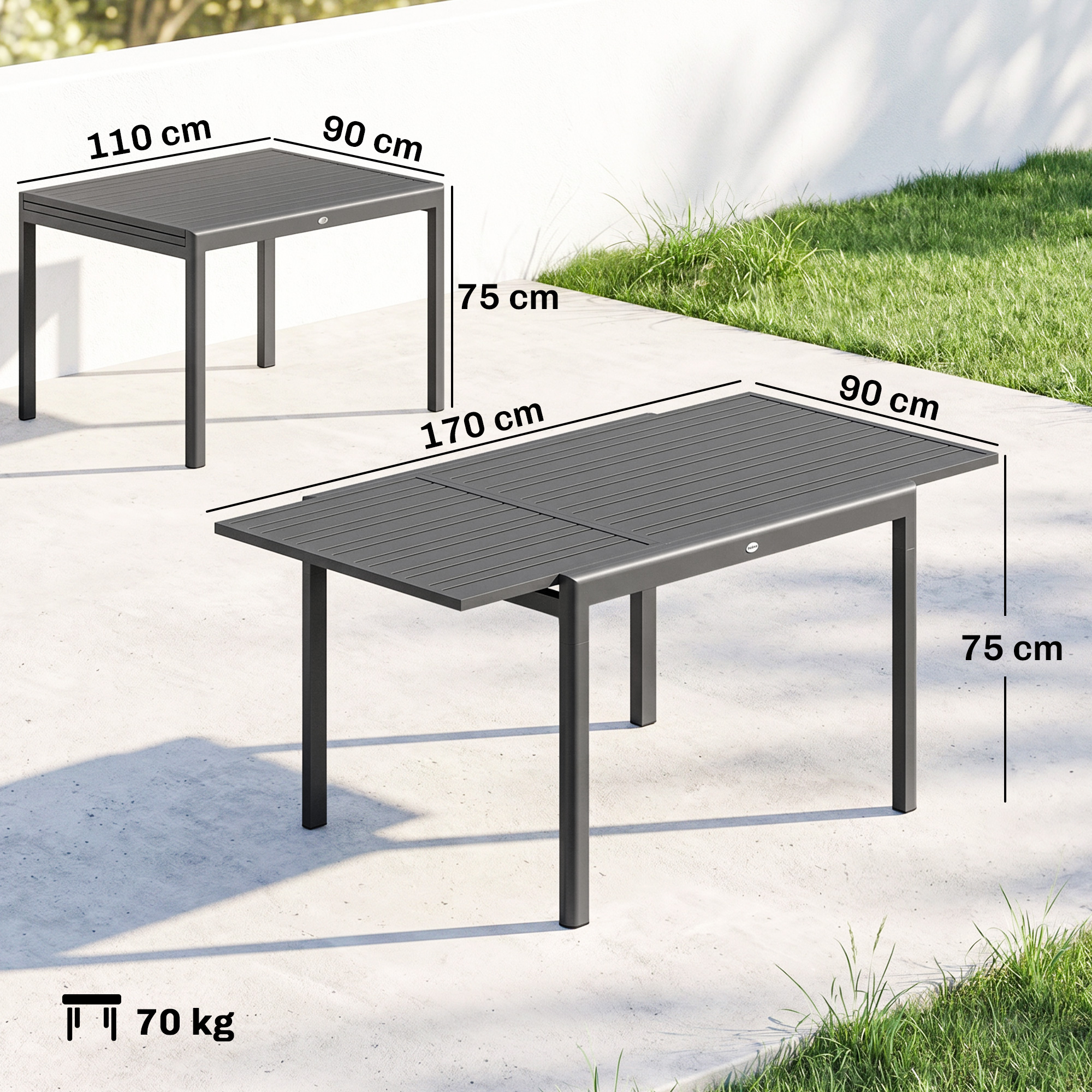 Tavolo da giardino grigio estensibile 170x90x75cm. Tavolo più piccolo 110x90x75cm.