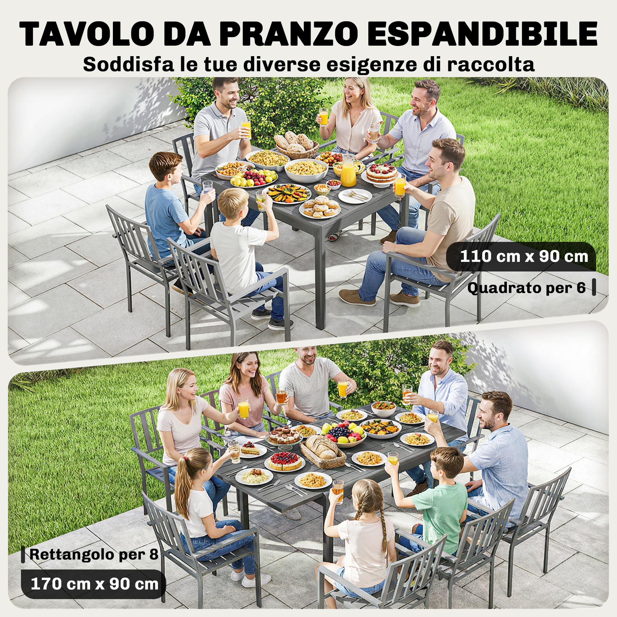 Famiglie mangiano all'aperto a tavoli espandibili, in due dimensioni.