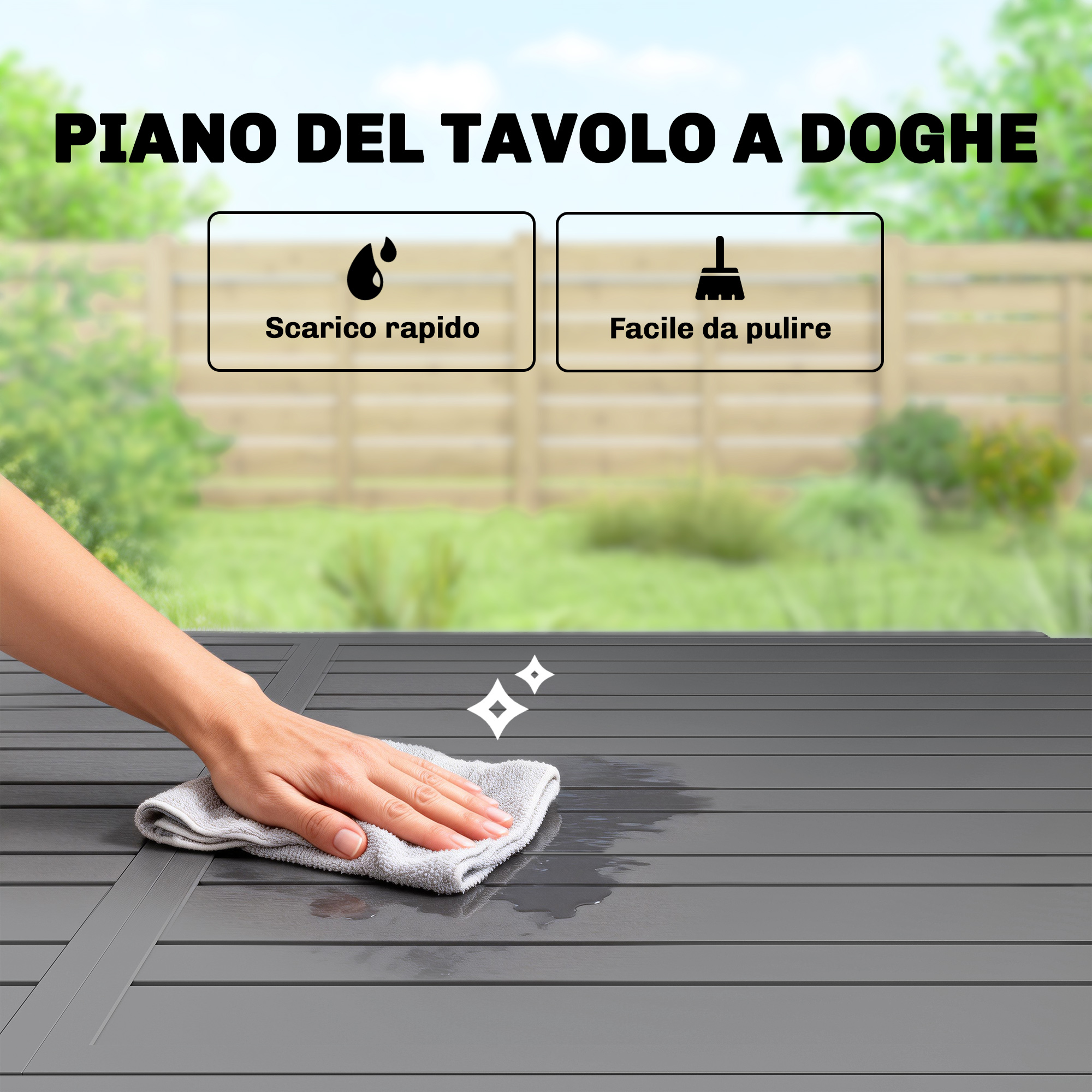 Una mano pulisce un tavolo grigio a doghe con un panno grigio.