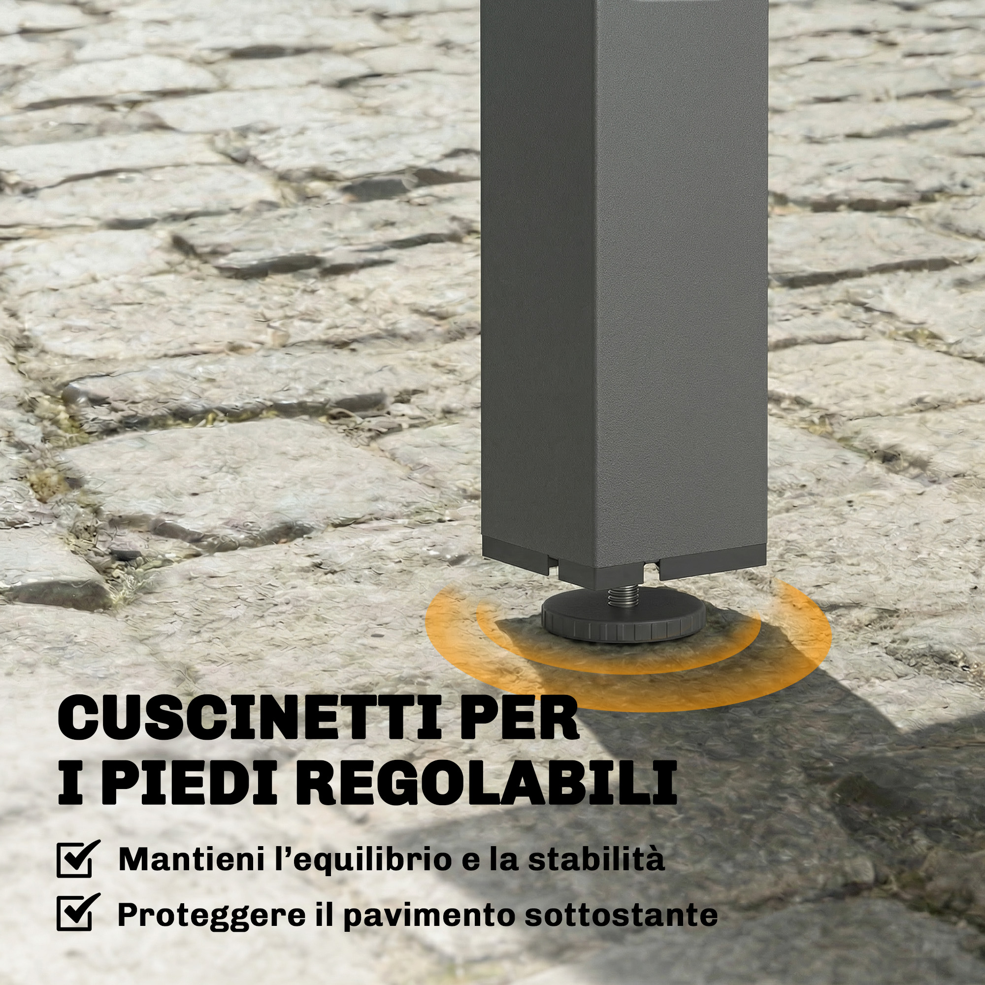 Base grigia gamba tavolo con piedino regolabile su ciottoli.